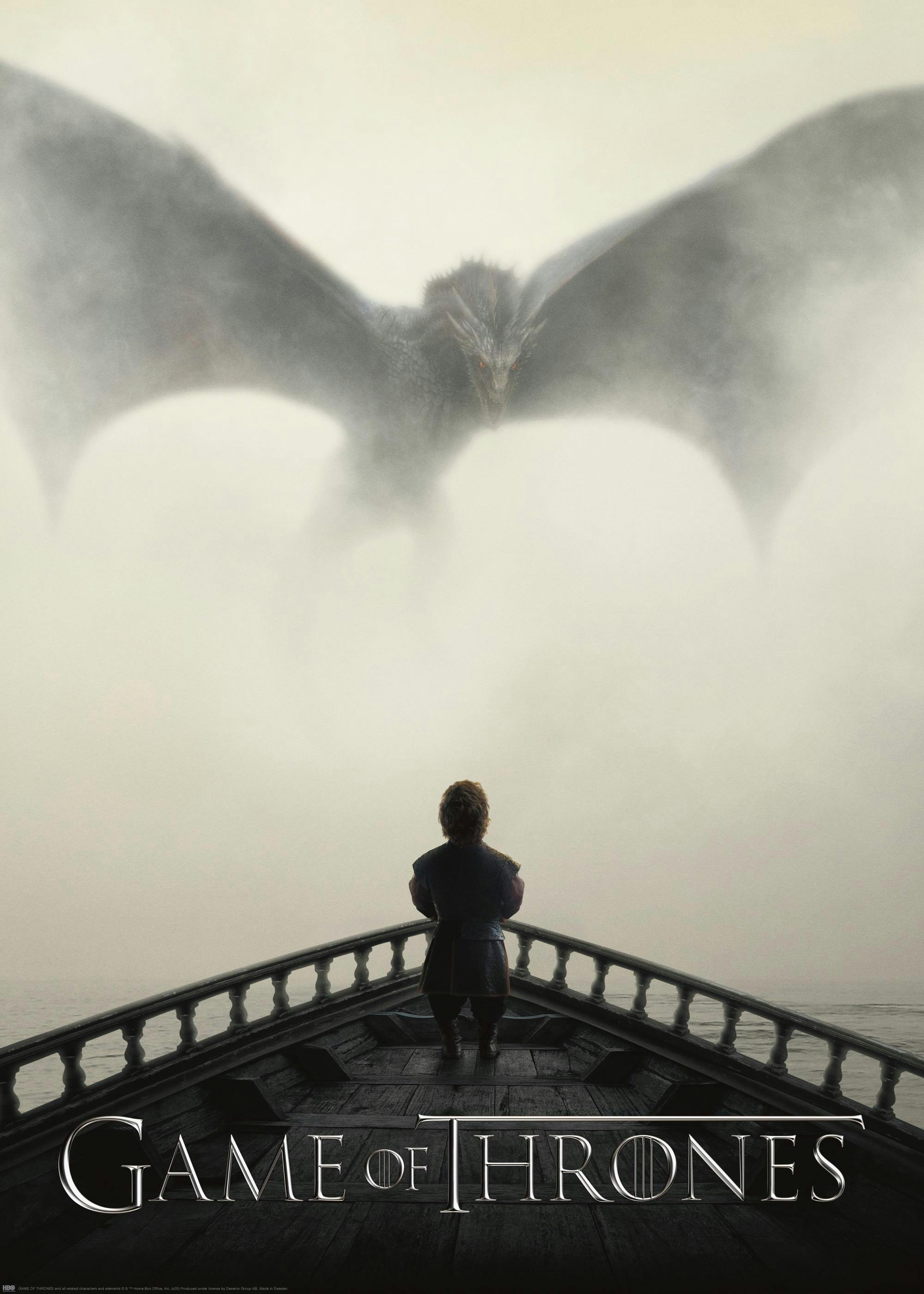 A Game of Thrones poster featuring Tyrion Lannister on a ship looking at a dragon emerging from the mist.