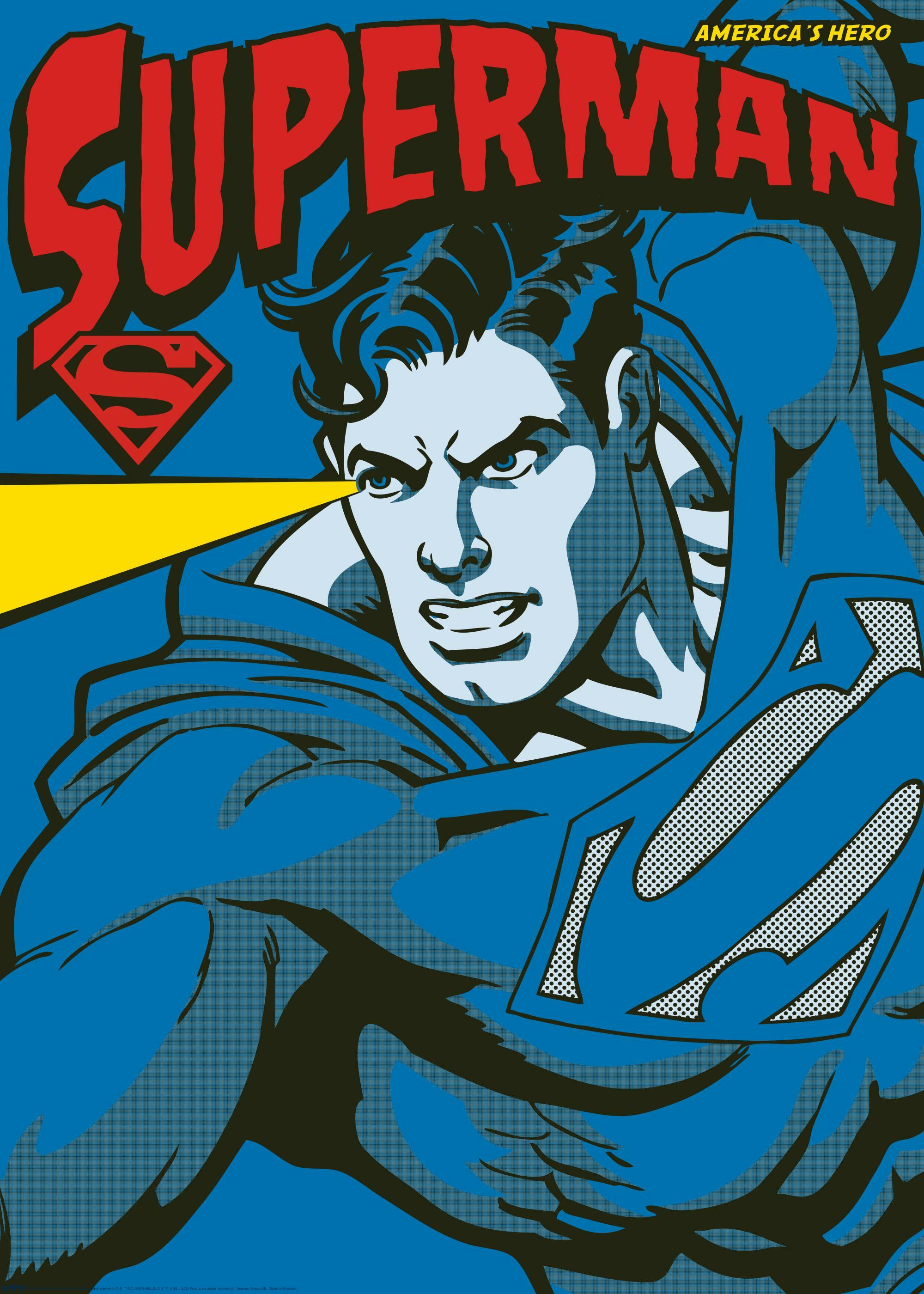 Een poster met een illustratie van Superman in zijn iconische blauwe pak, met een rood logo en gele laserstralen uit zijn ogen.