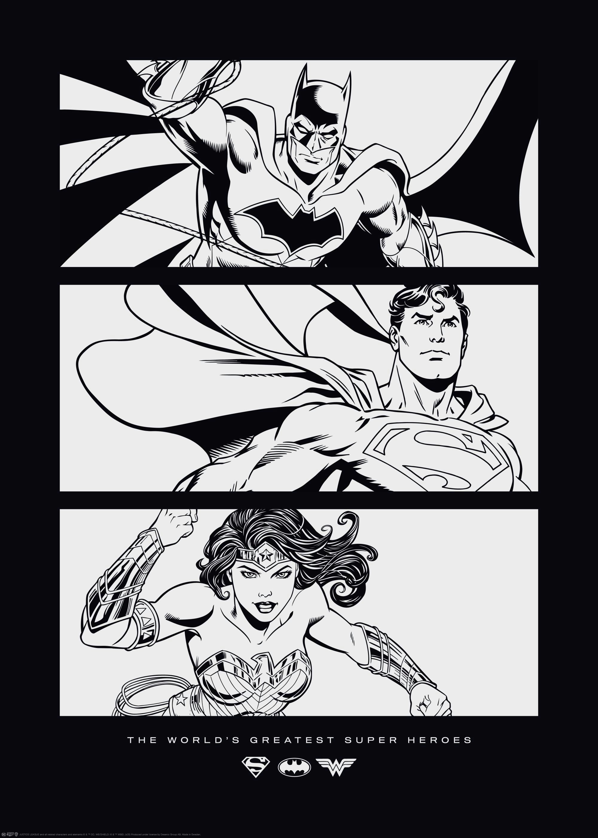 Poster mit Batman, Superman und Wonder Woman in Schwarz-Weiß, getrennt durch horizontale Linien.