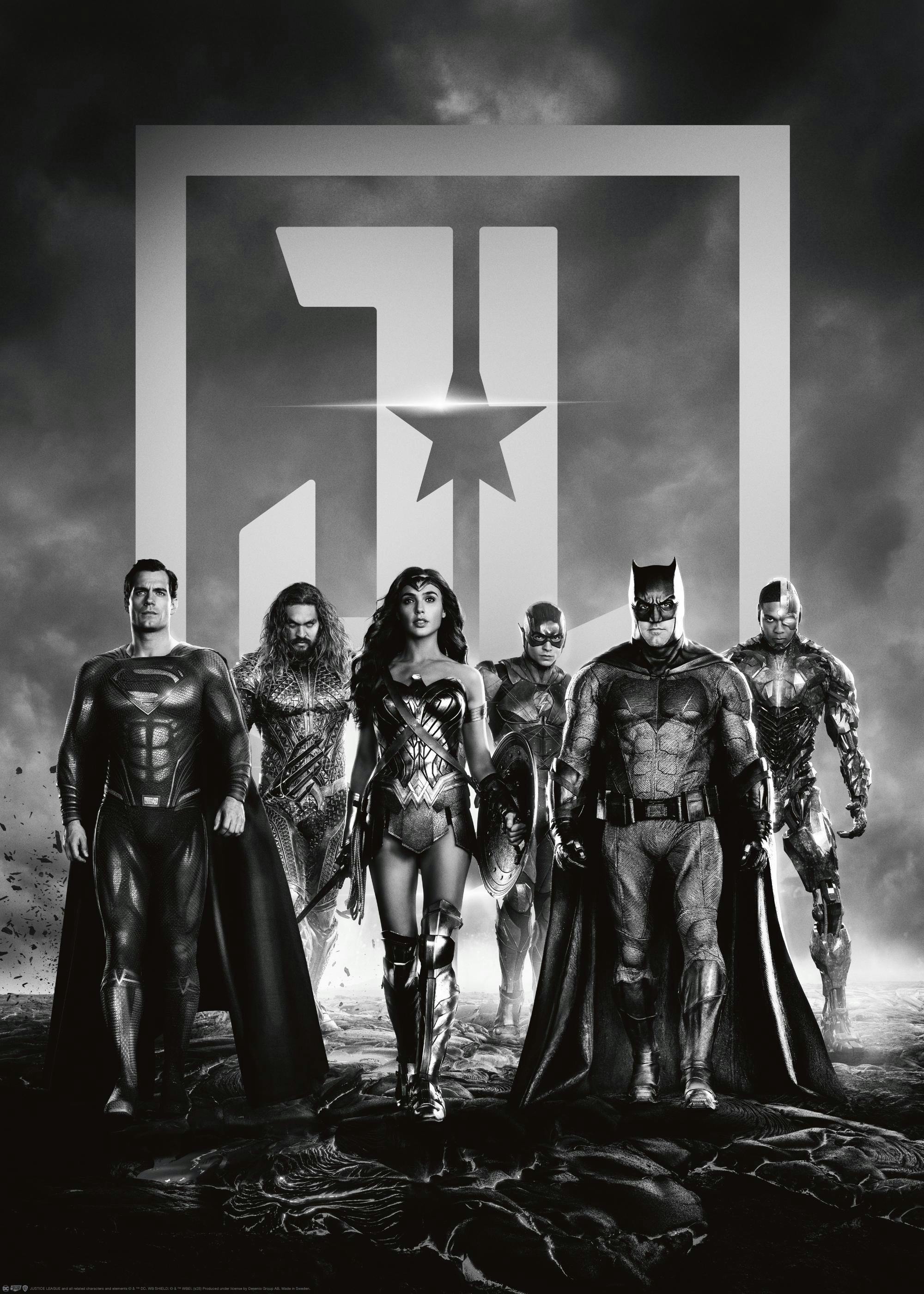 Zwart-witte poster van de Justice League met Superman, Aquaman, Wonder Woman, The Flash, Batman en Cyborg.