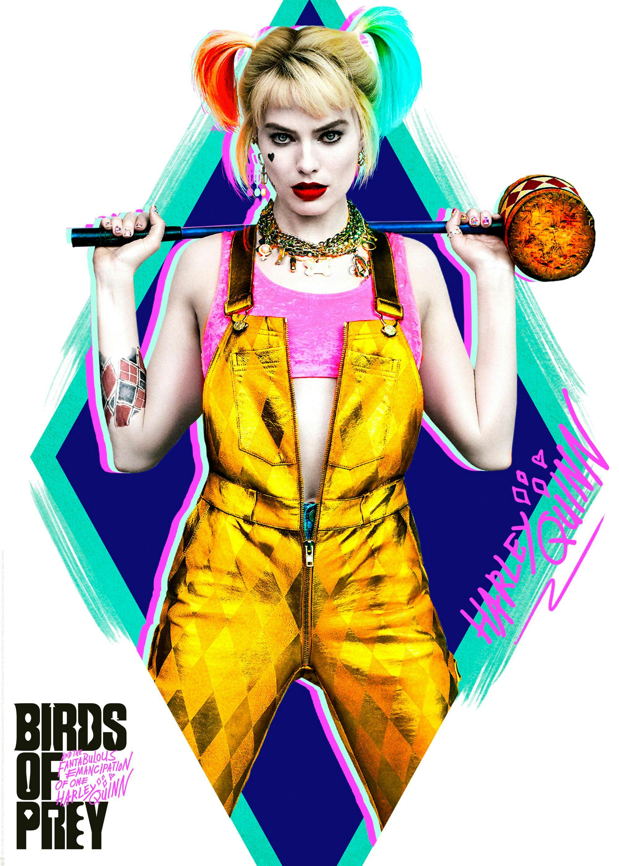 En Birds of Prey poster med Harley Quinn i orange overall, hållandes en hammare mot en blå och vit bakgrund.