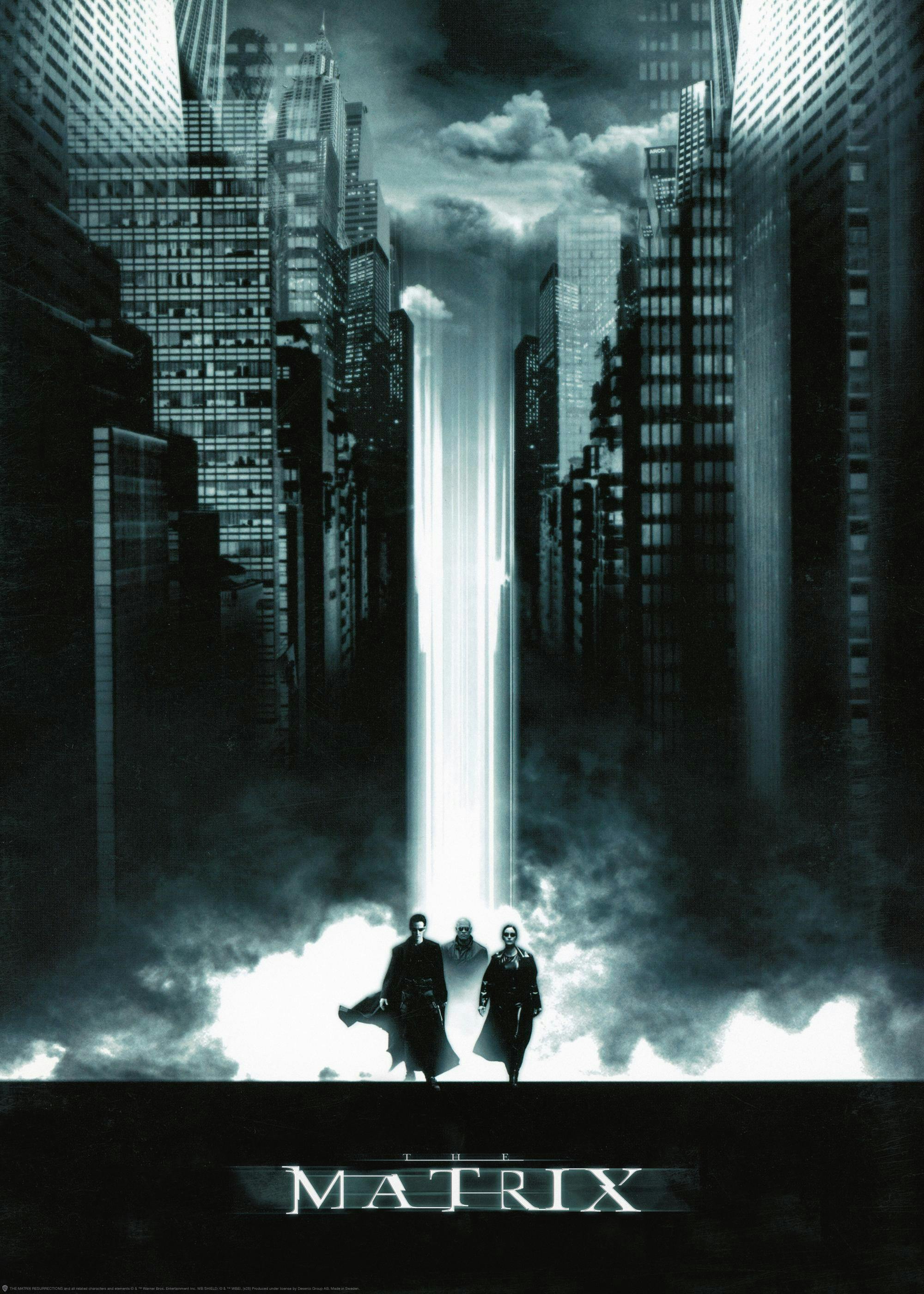 Plakat filmowy Matrix z trzema postaciami na tle miejskiego krajobrazu i jasnego promienia.
