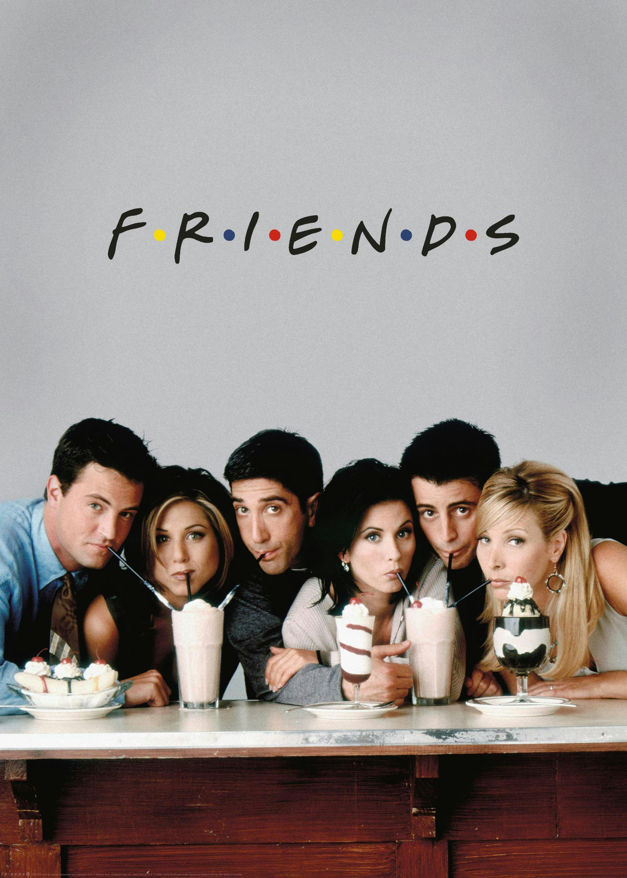 A poster featuring the Friends cast behind a diner counter, enjoying milkshakes and desserts, with the show logo.