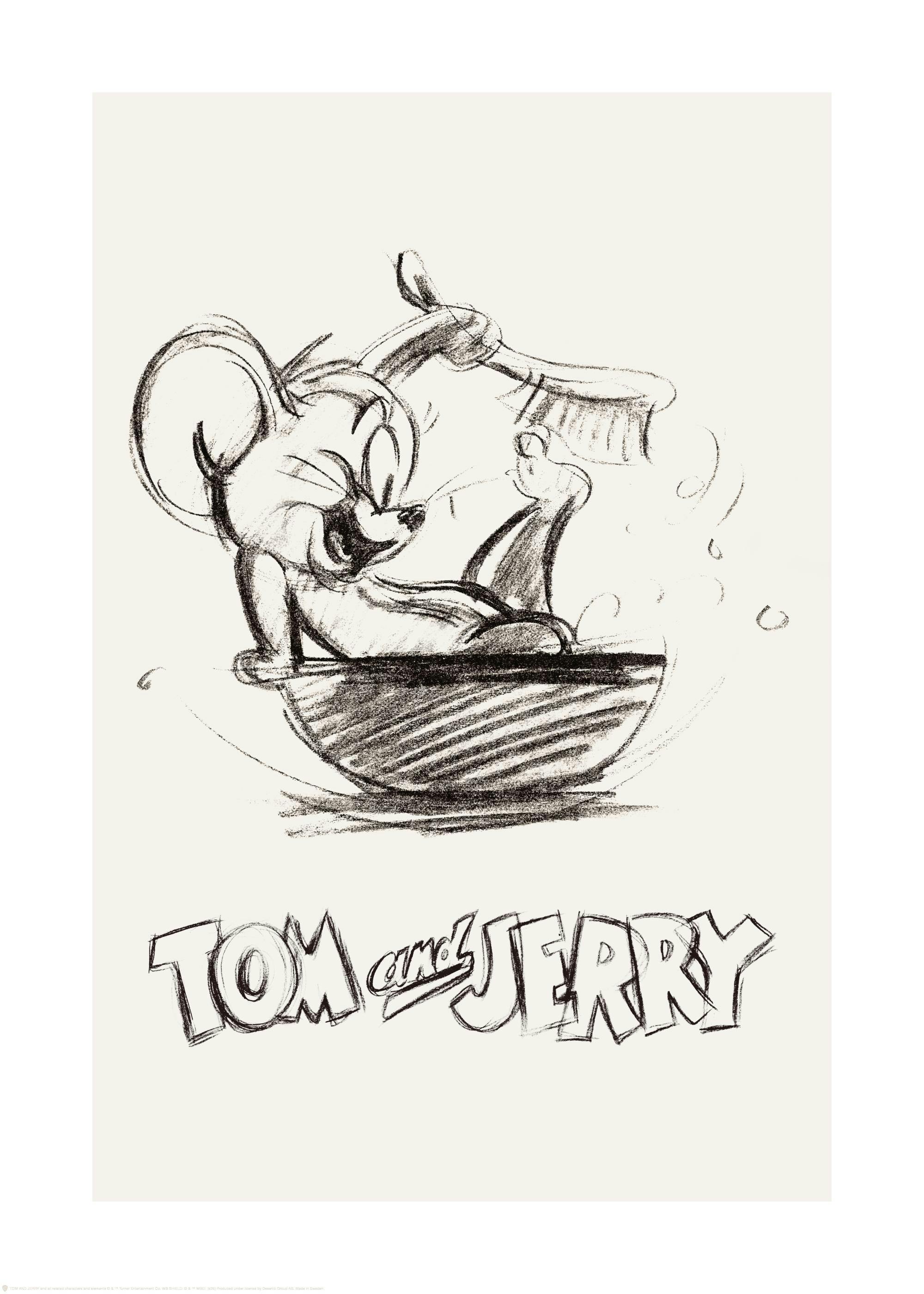 Poster mit einer Schwarz-Weiß-Skizze von Jerry in einer Schale badend, darüber der Schriftzug Tom and Jerry.
