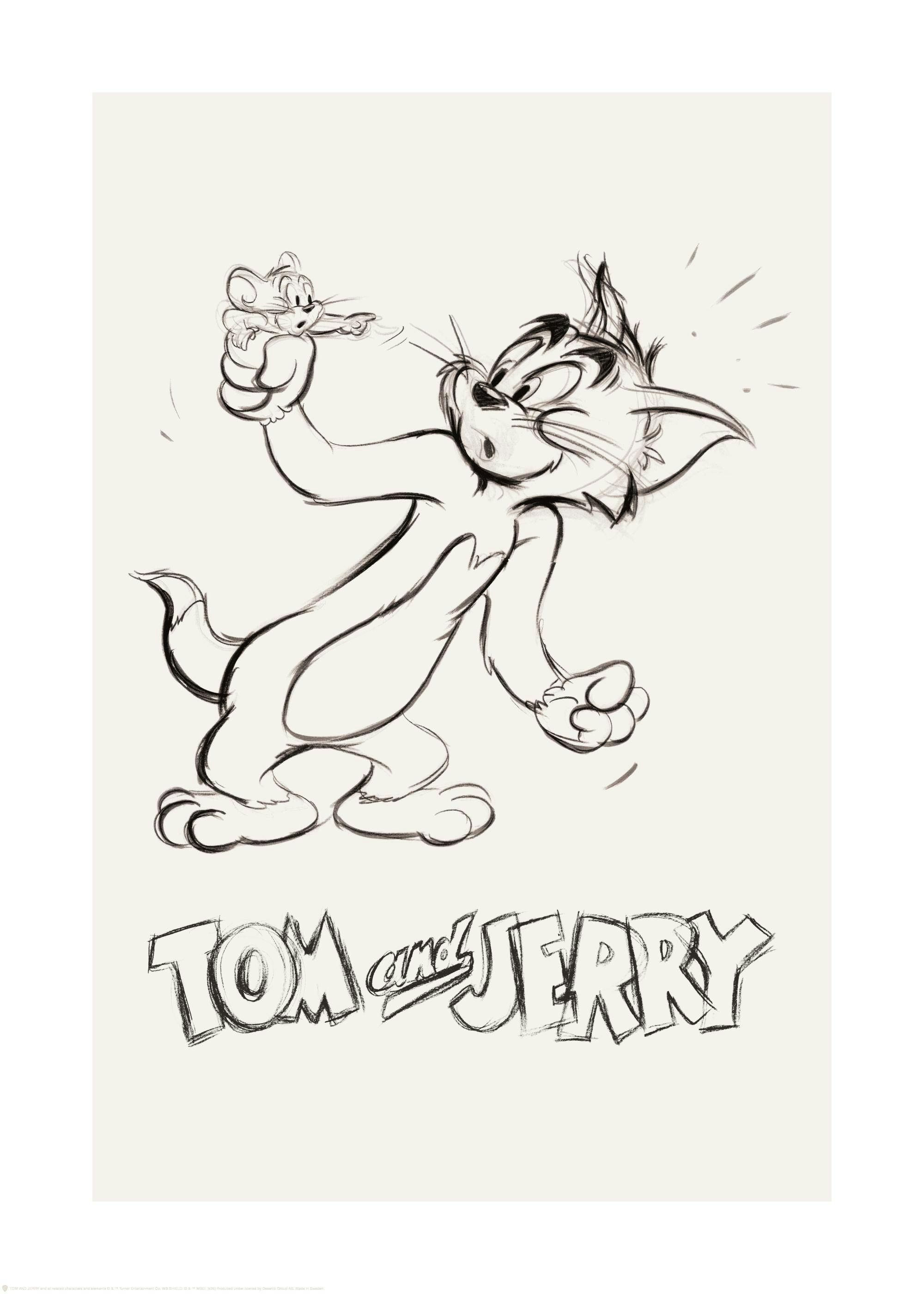 A poster featuring a sketch of Tom the cat playfully holding Jerry the mouse, with the Tom and Jerry logo below.