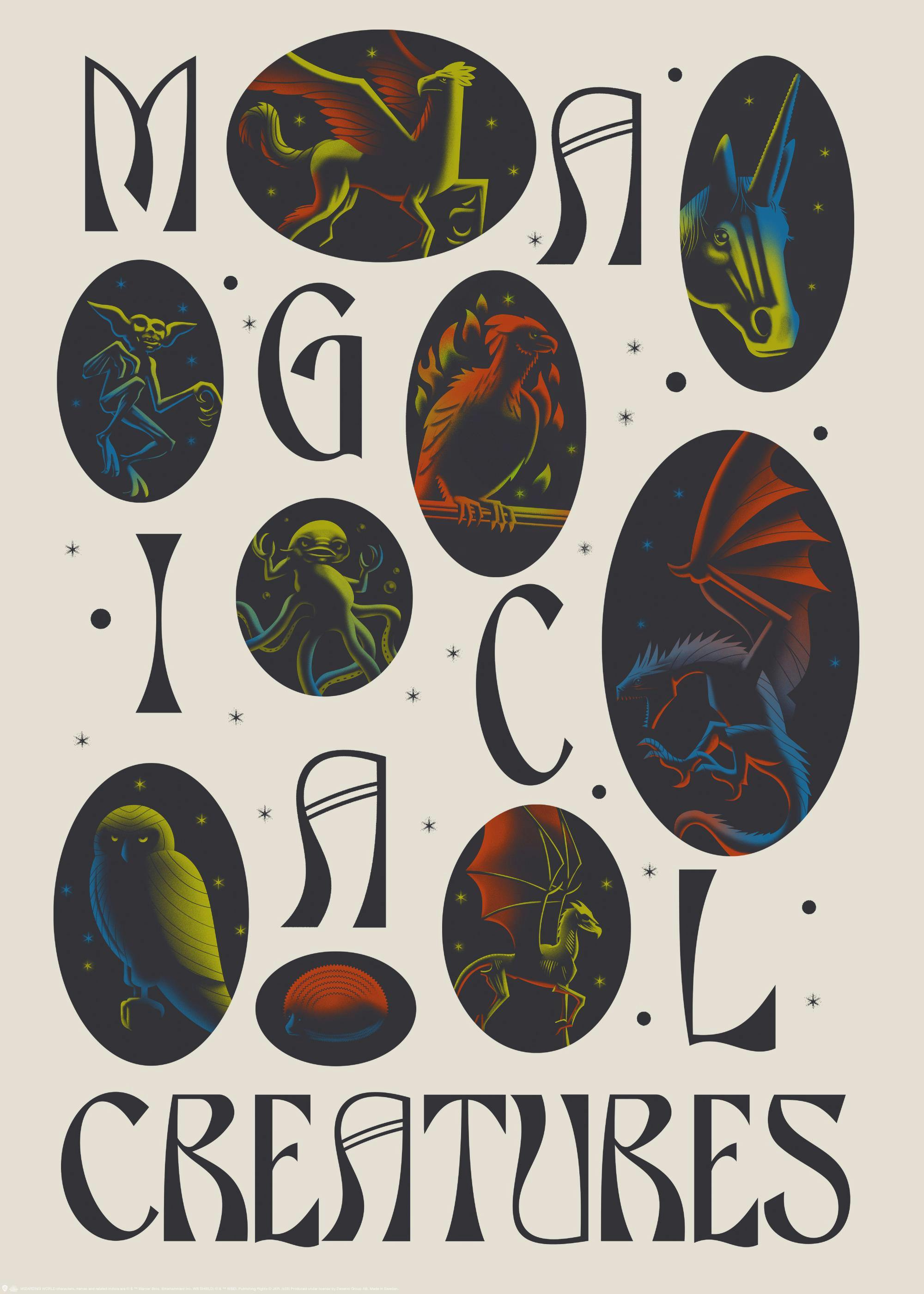 A poster featuring a stylized typography design of MAGICAL CREATURES with illustrations of a griffin, unicorn, goblin, phoenix,