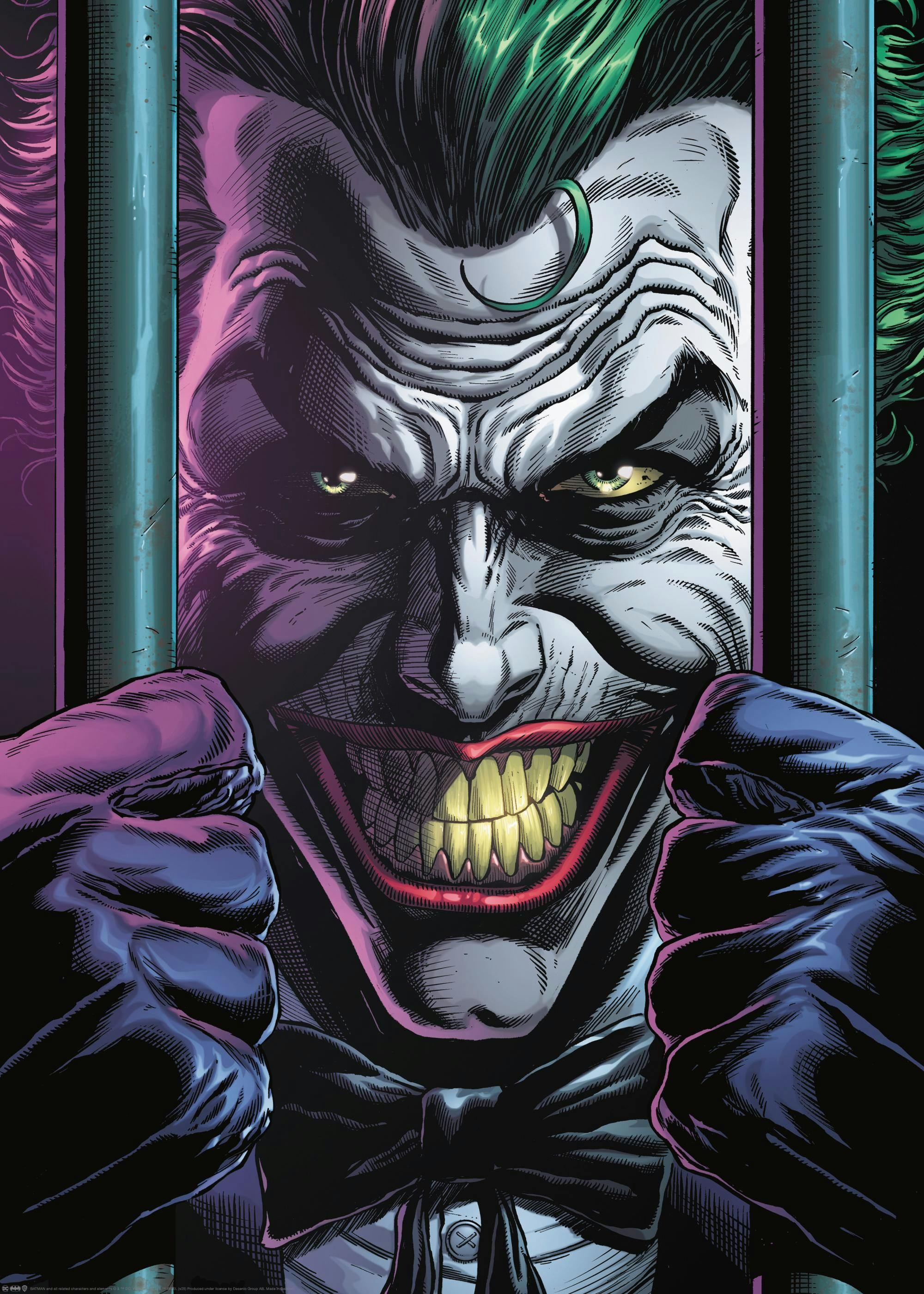 Poster du Joker souriant derrière des barreaux, avec des cheveux verts et des yeux perçants.