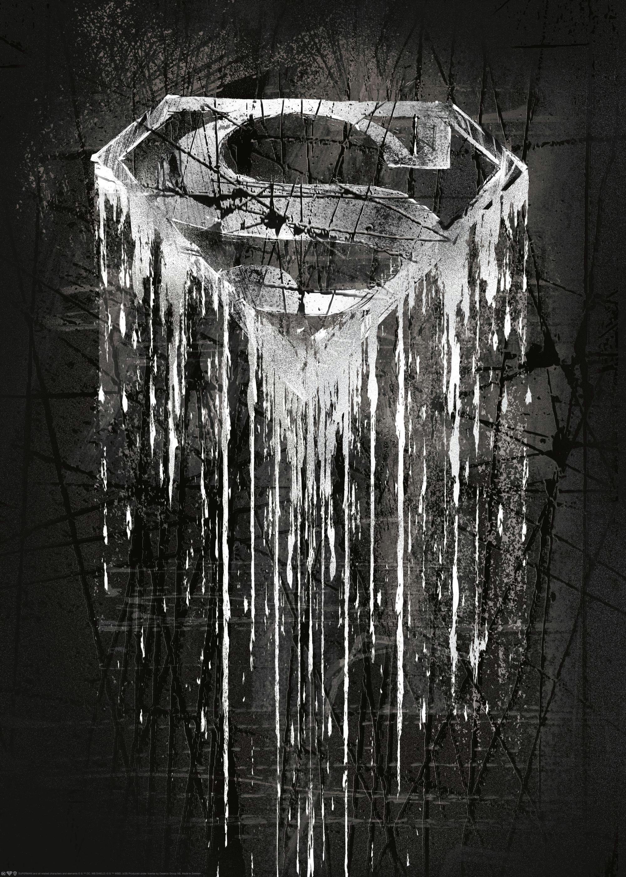 A poster featuring a distressed Superman symbol, black and white with white paint drips and splatters.