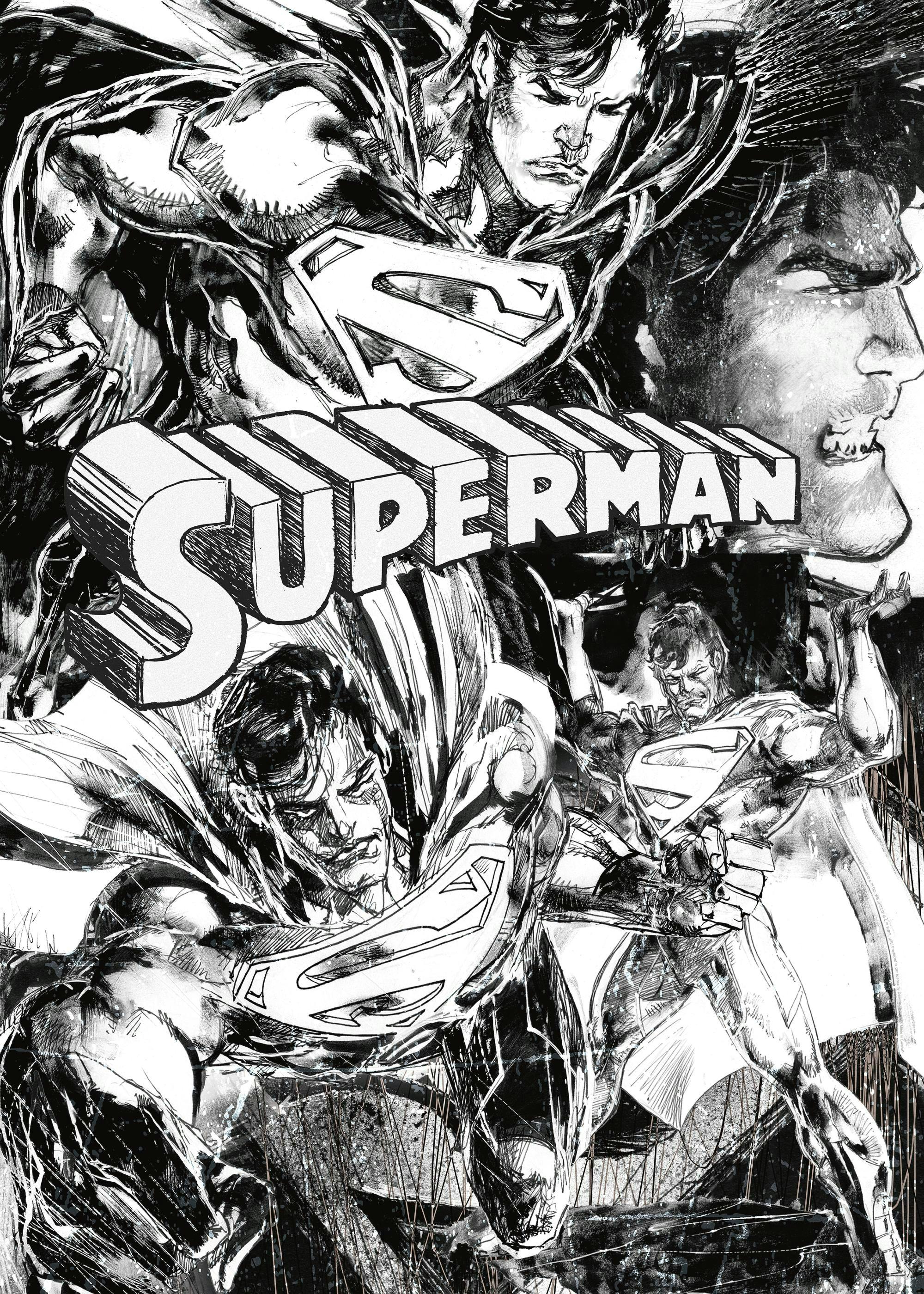 A black and white comic book style poster featuring multiple dynamic poses of Superman, with the word SUPERMAN emblazoned in 3D