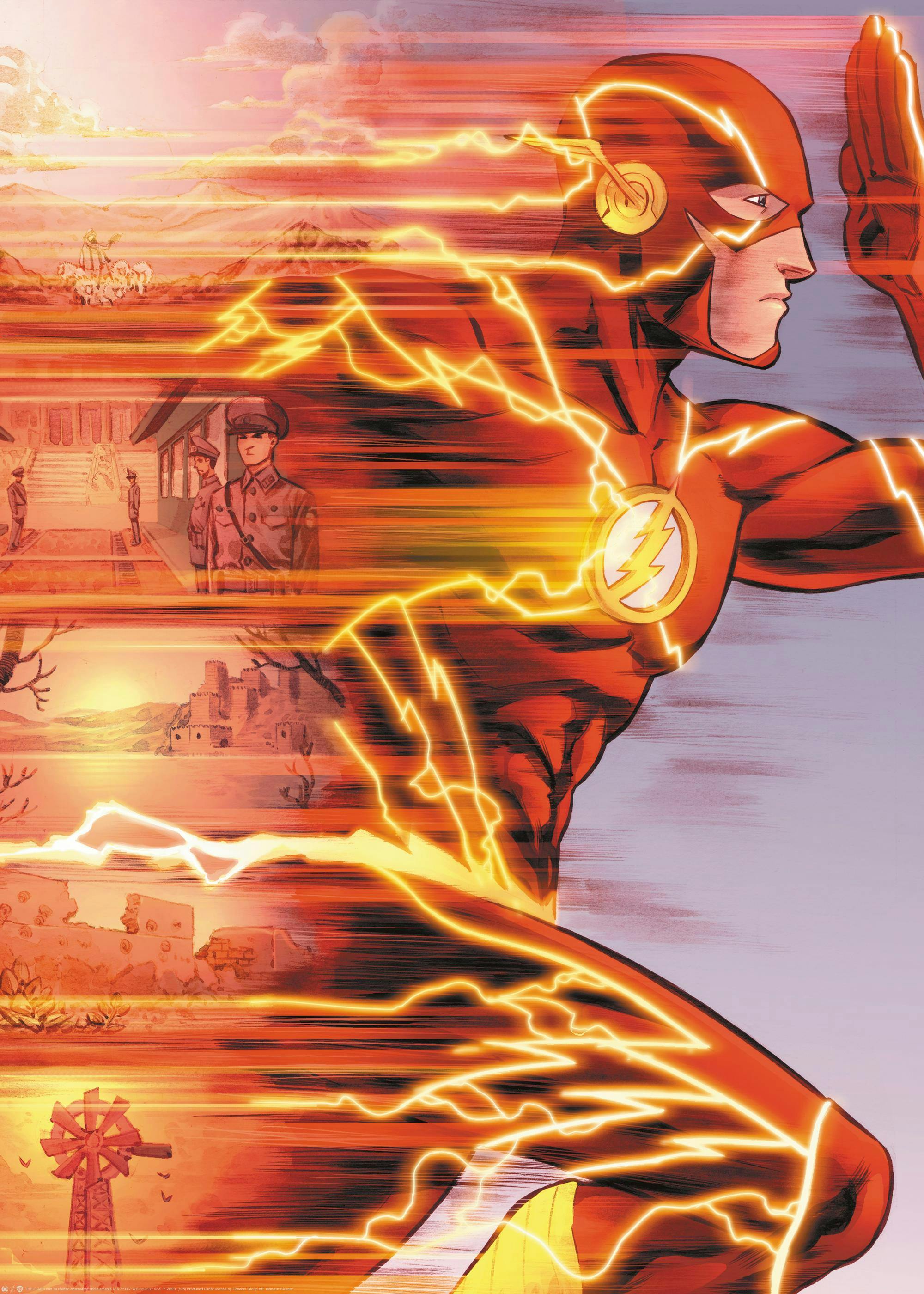 En poster som föreställer DC Comics The Flash i röd dräkt, omgiven av gul blixtenergi, springandes i snabb fart genom olika land