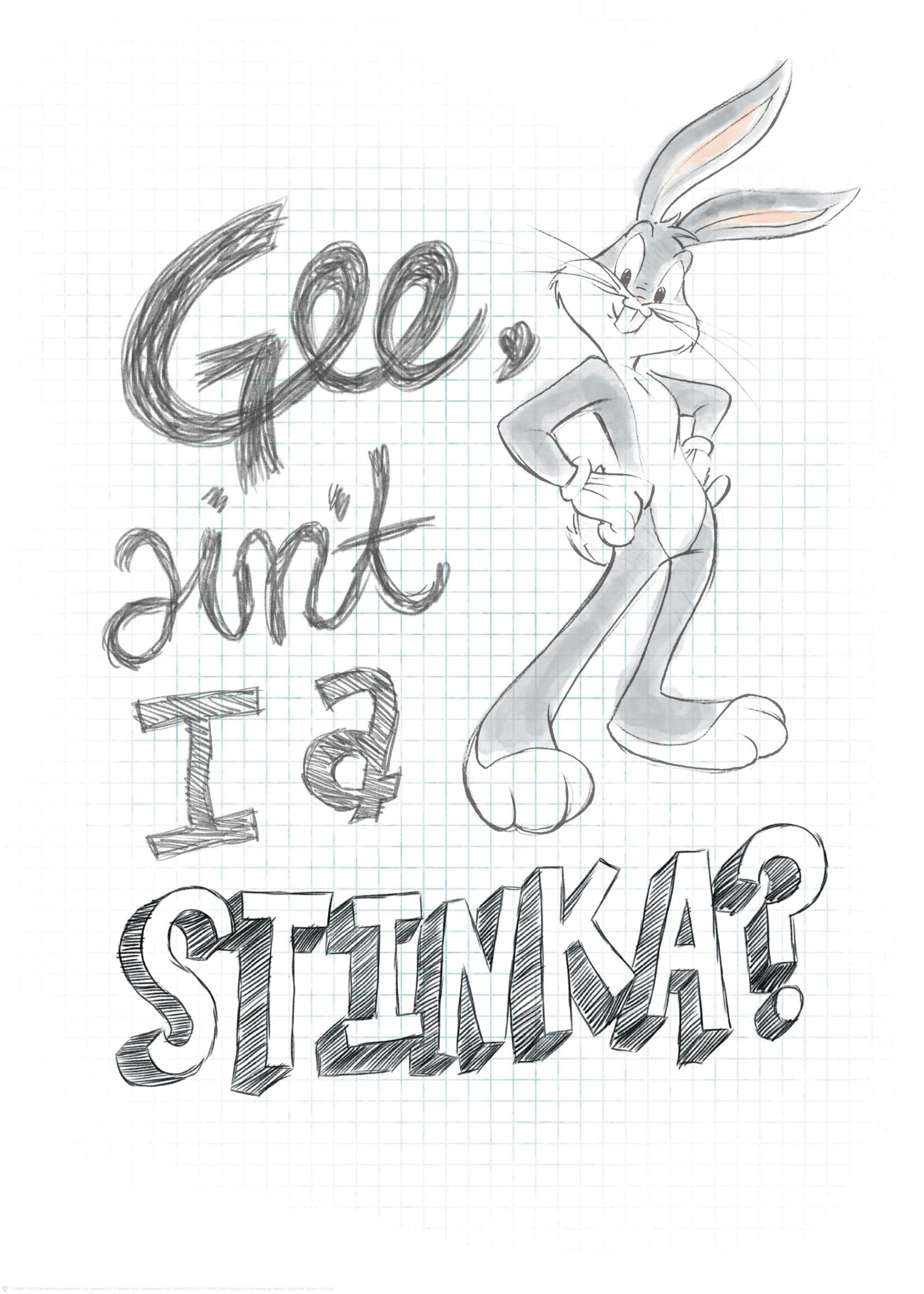 Poster avec Bugs Bunny et le texte Gee, aint I a stinka? sur fond quadrillé.