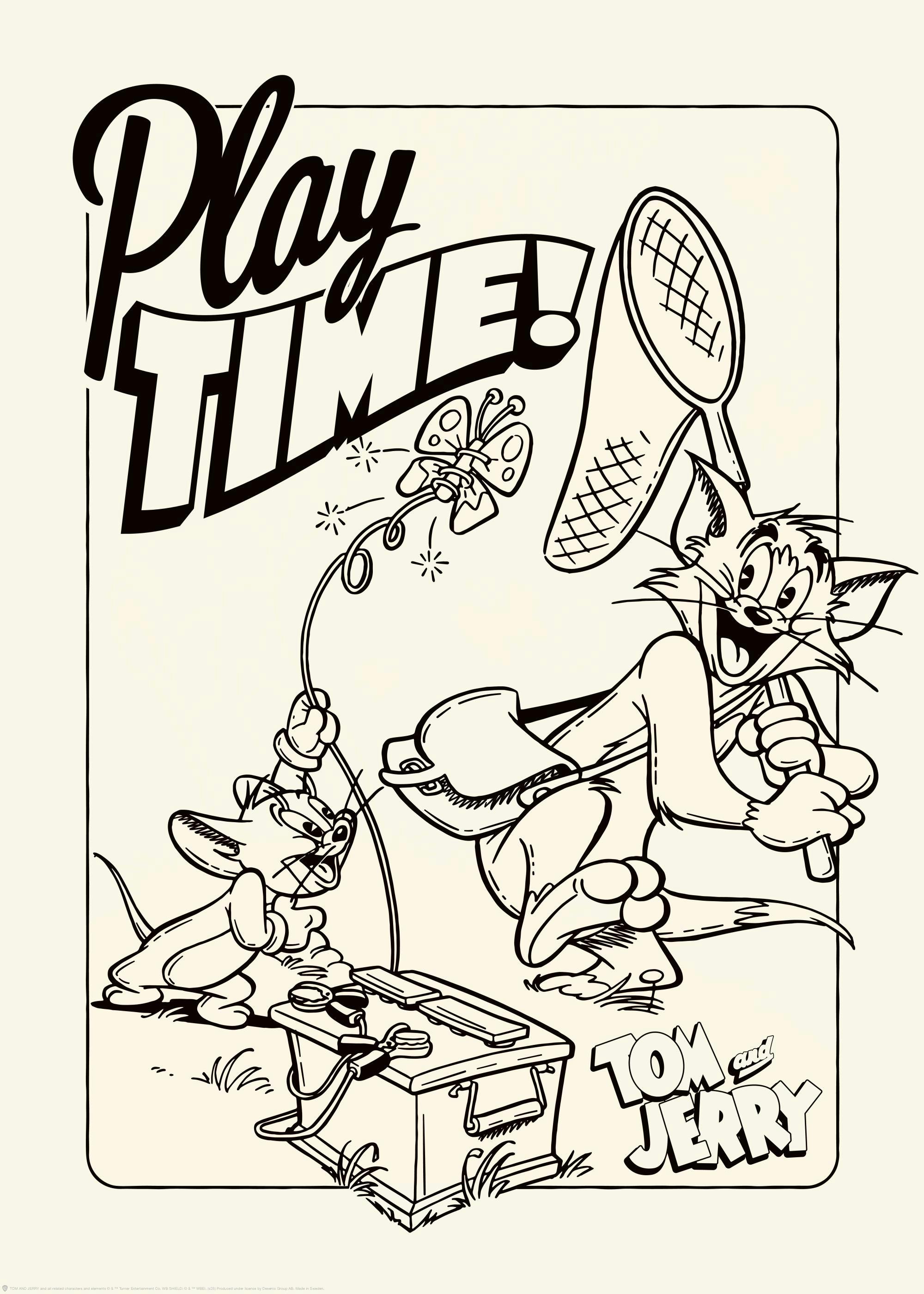 Poster Tom et Jerry en noir et blanc, Jerry taquinant Tom avec un papillon mécanique, Tom tenant une épuisette.