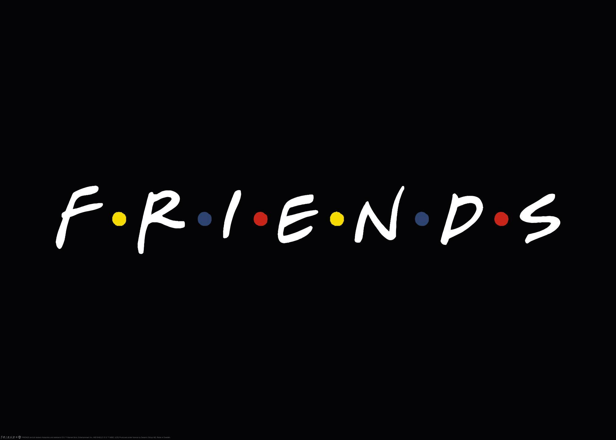 A poster featuring the Friends TV show logo in white text with colourful dots, set against a black background.