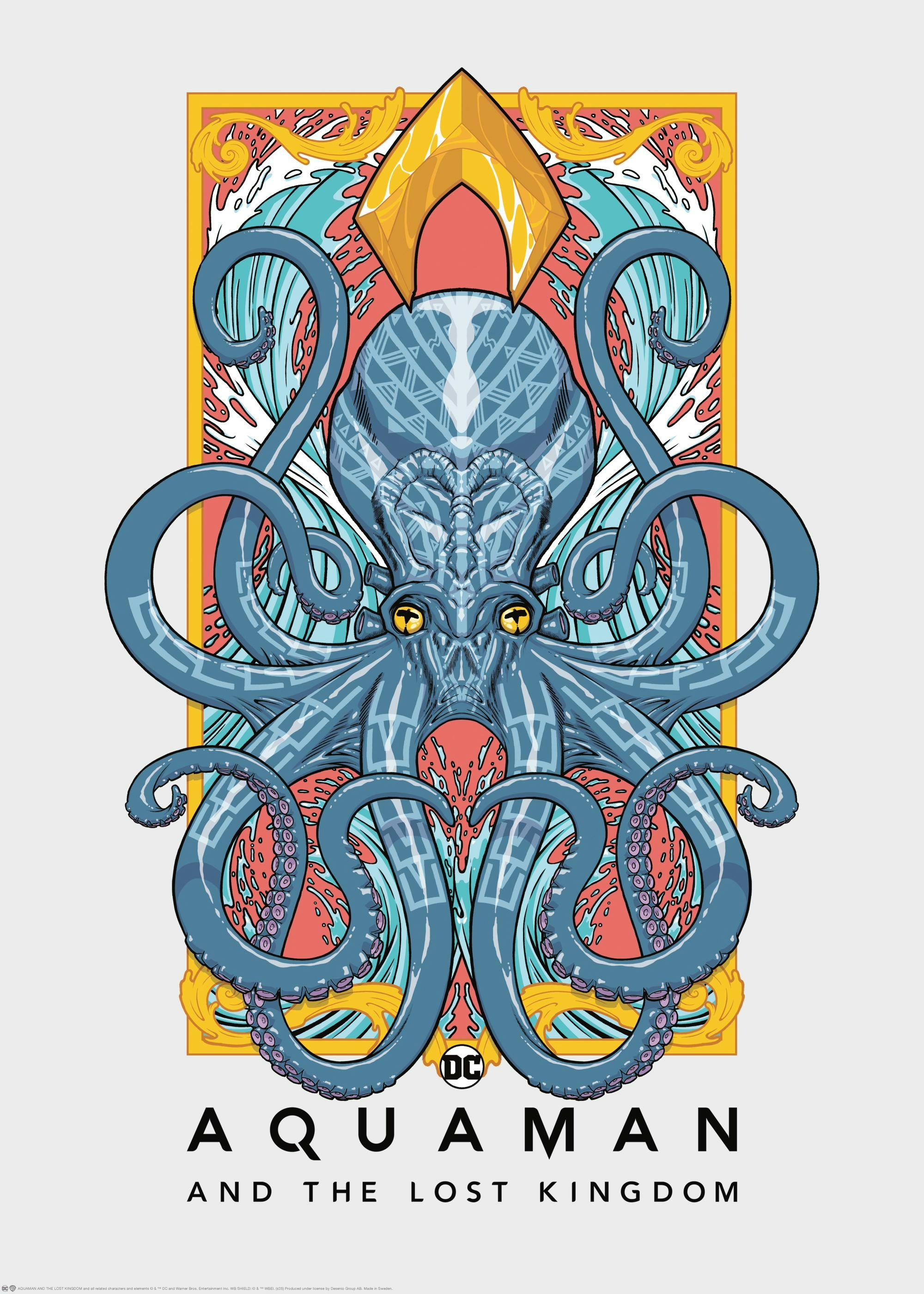 A poster featuring a stylized blue octopus with yellow eyes and patterned skin, surrounded by waves and a golden frame, with AQU