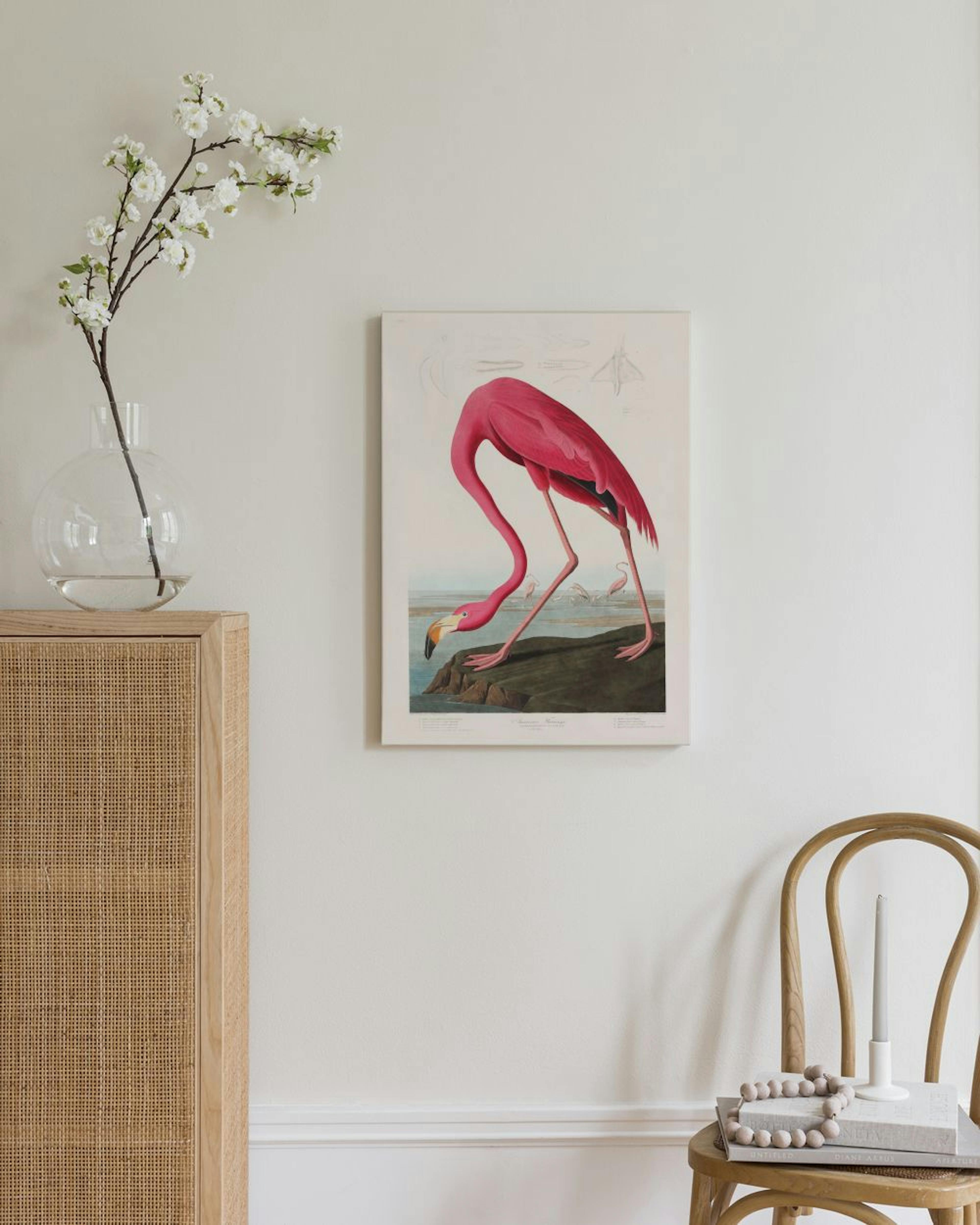 Kanvaasi, jossa vaaleanpunainen flamingo juo vedestä. Se on esillä olohuoneessa rottinkikaapin ja puutuolin vieressä.