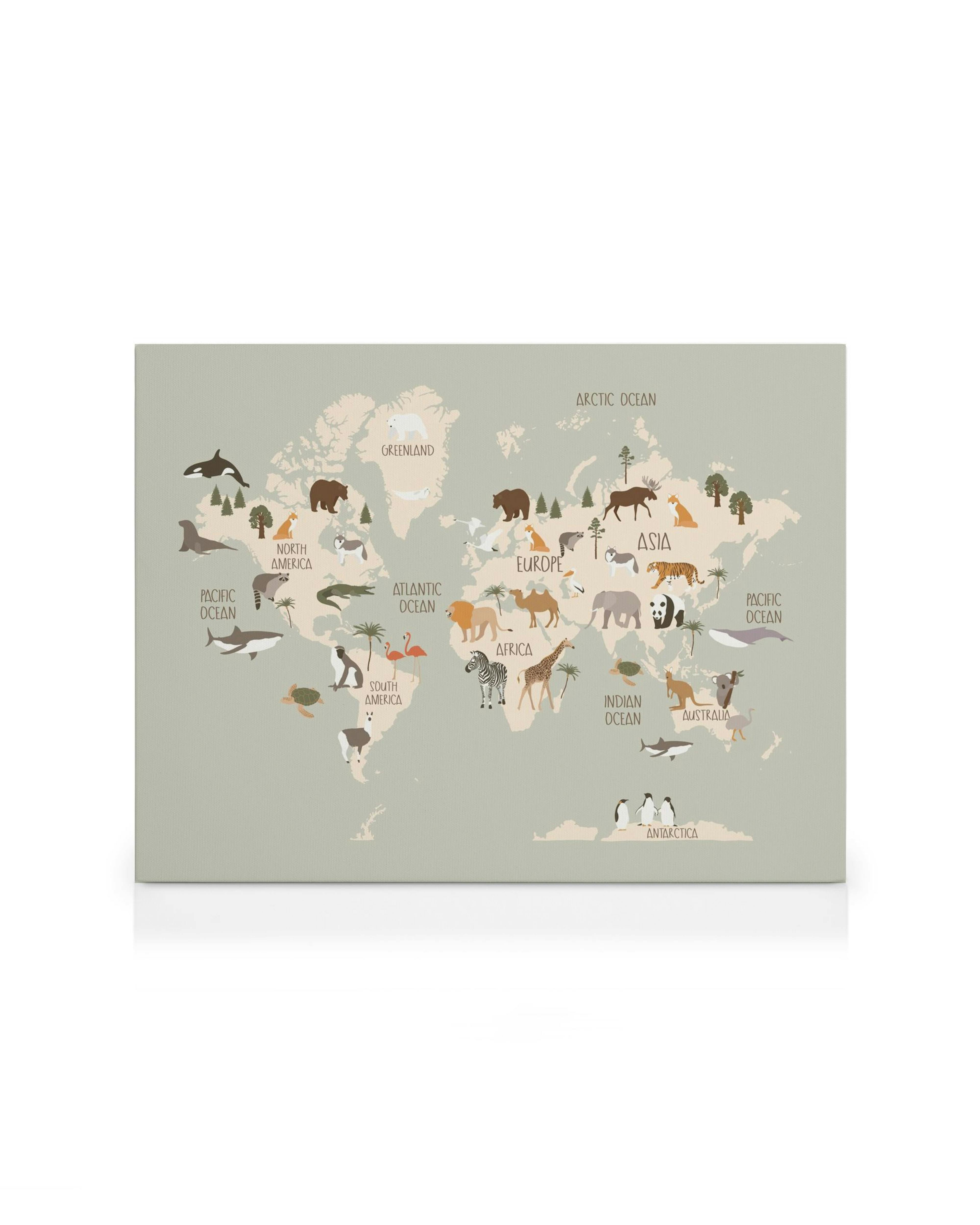 A canvas displaying a world map in muted olive and beige, with illustrated animals placed on their respective continents.