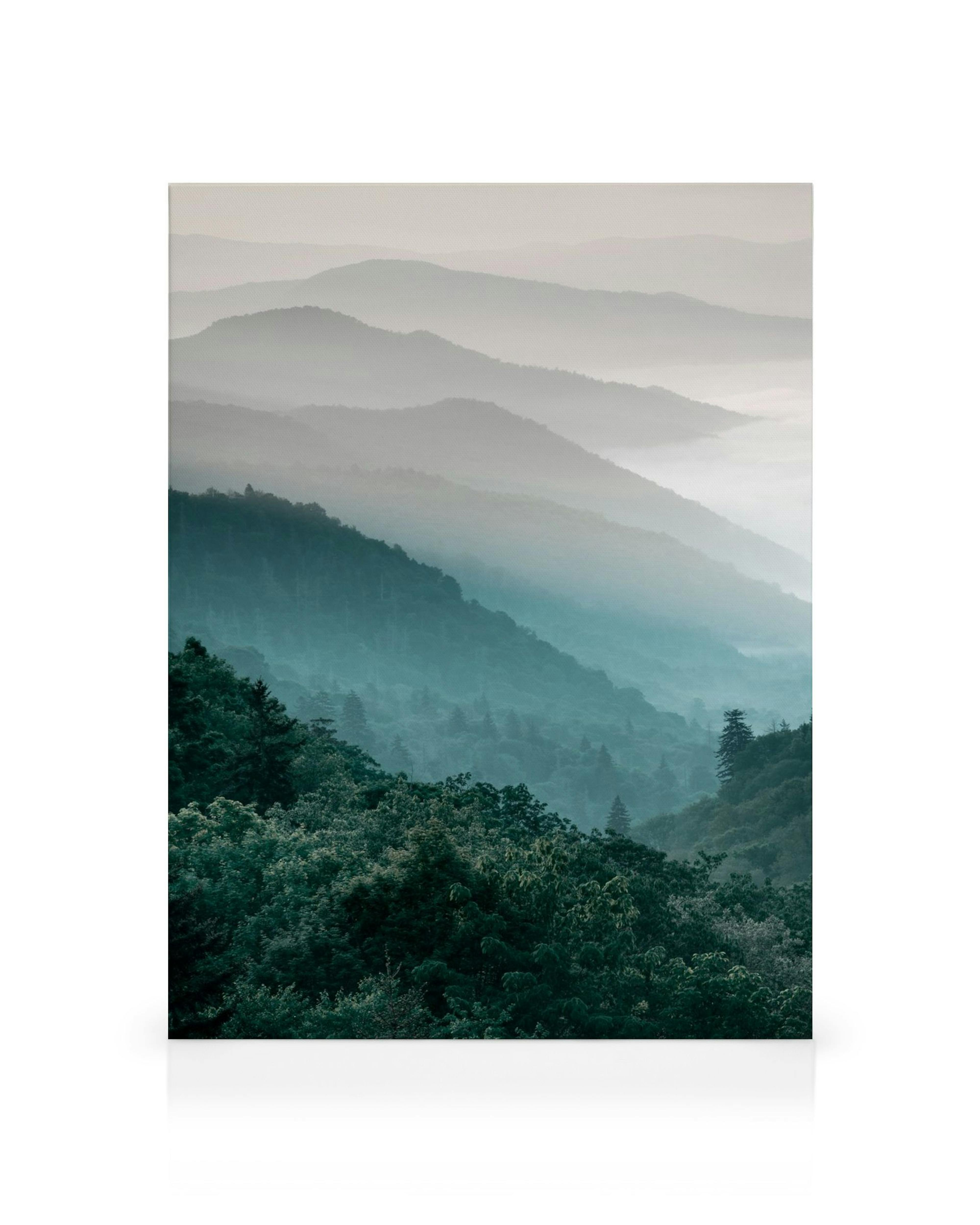 Toile murale de montagnes verdoyantes et brumeuses avec des nuances de bleu-vert et de gris.
