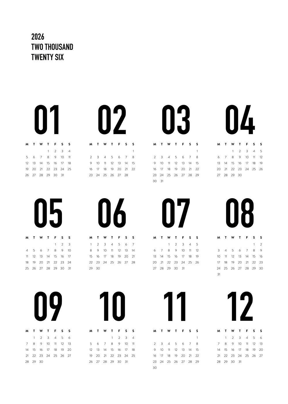 Calendar 2026 BW Juliste 0