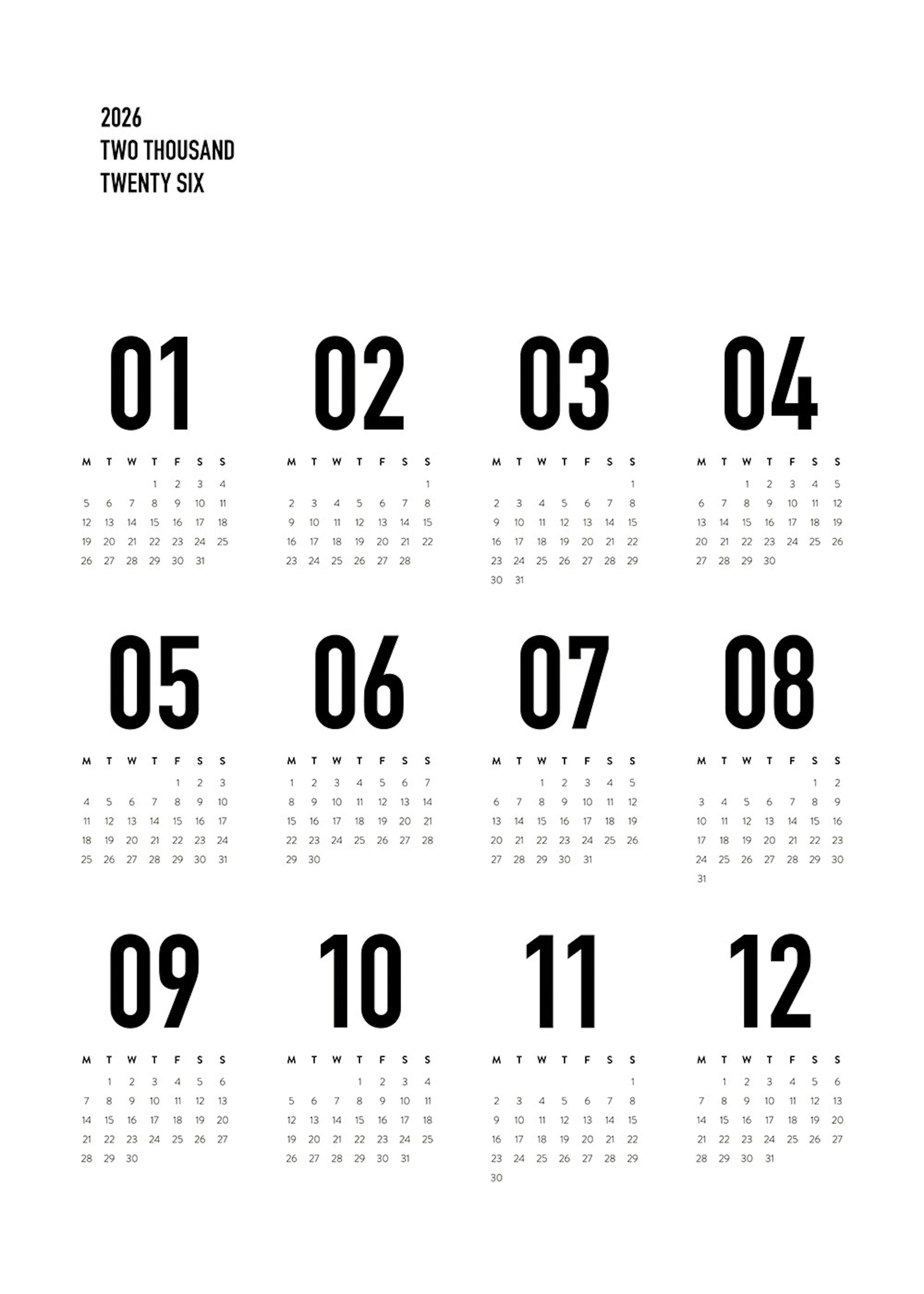 Calendar 2026 BW Juliste 0