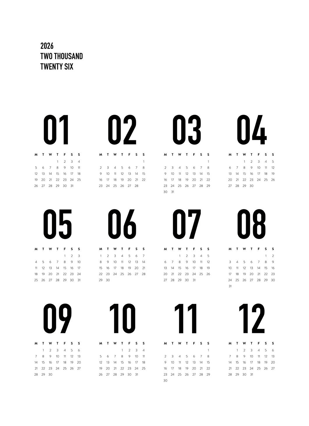 Calendar 2026 BW Plakat (30x40 cm) - Poster Store