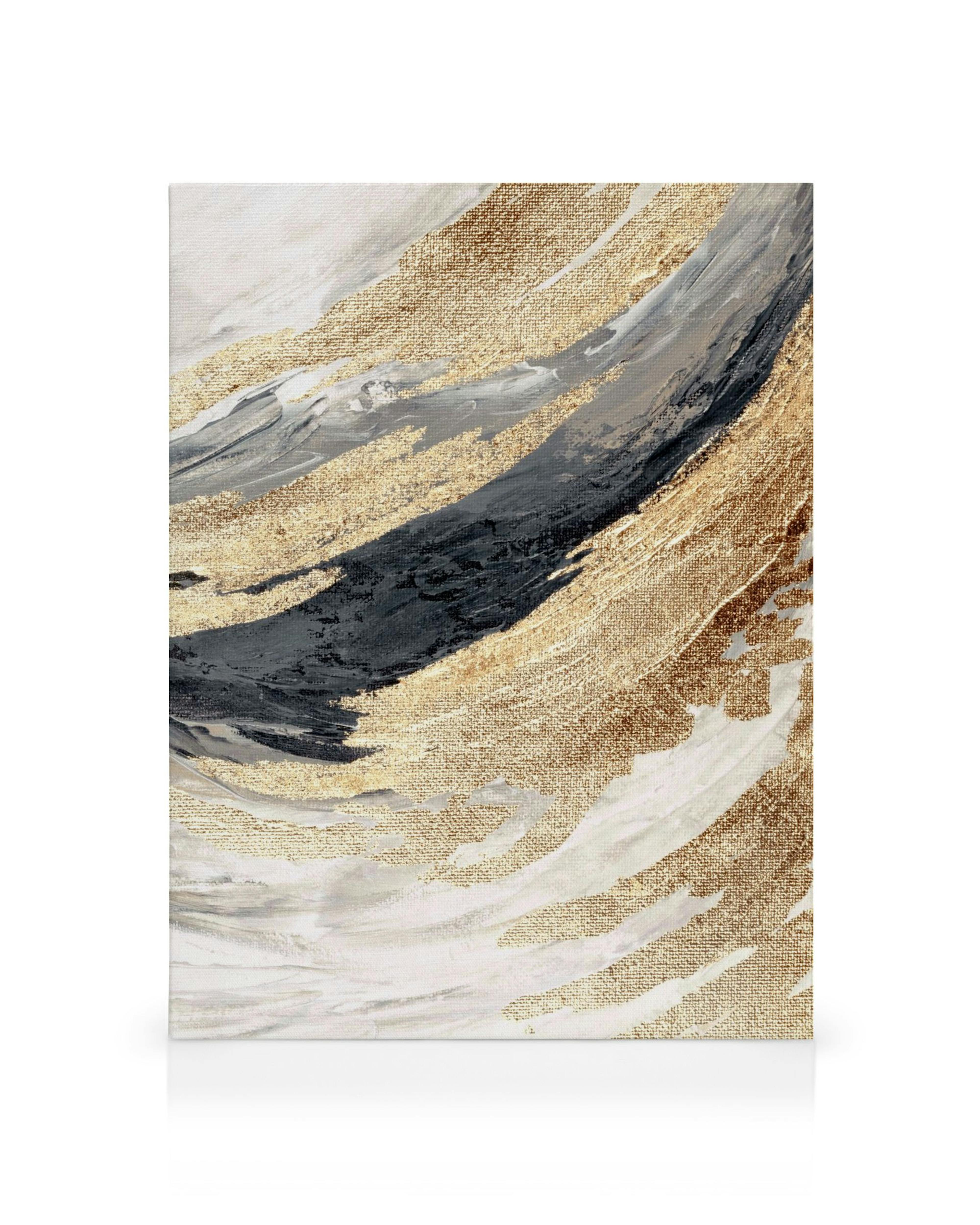 Lienzo abstracto con formas orgánicas en tonos dorados, grises y blancos, creando un efecto de ondas.