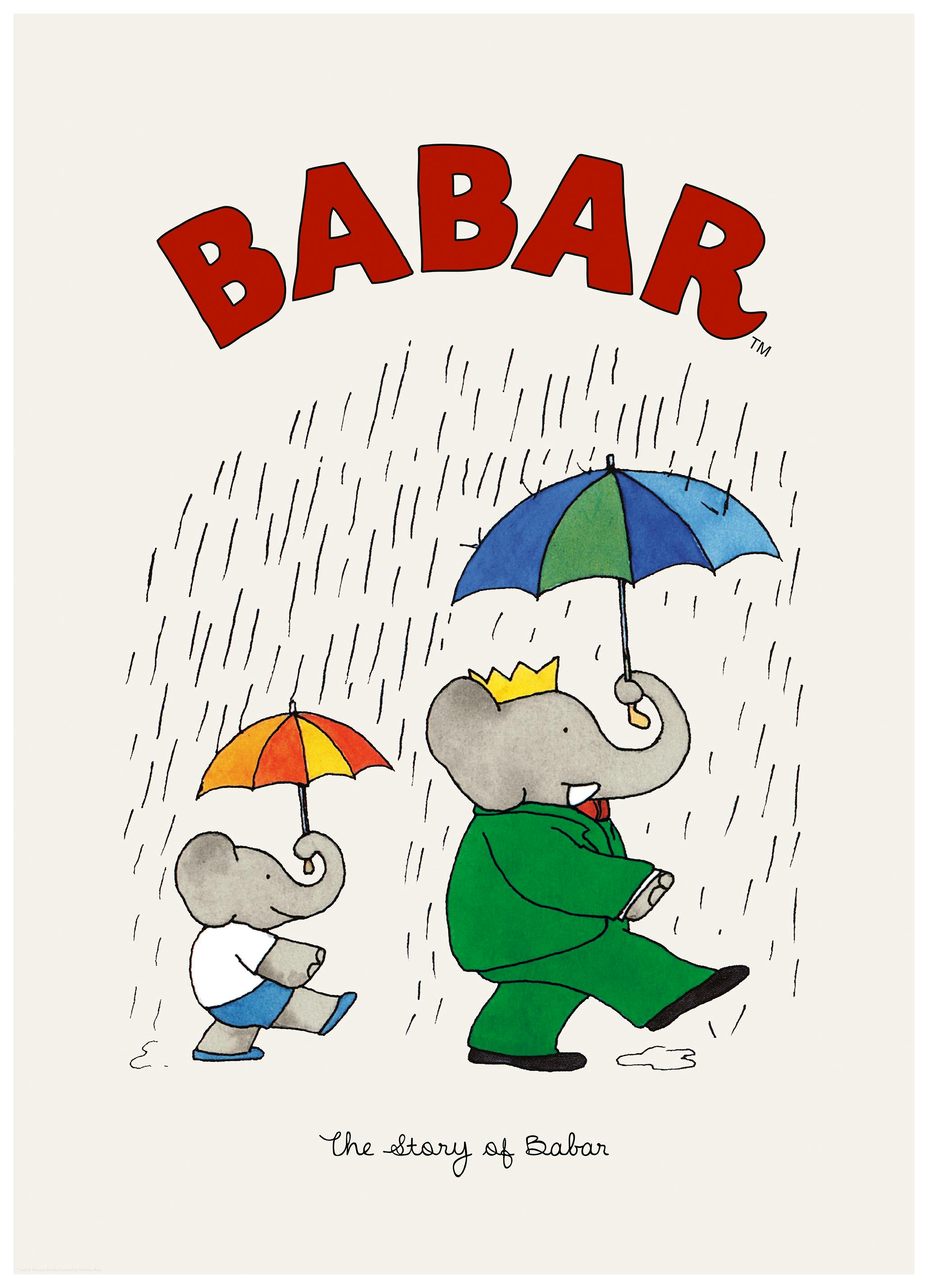 Babar and Pom in the Rain Poster (21x30 cm) - Poster Store