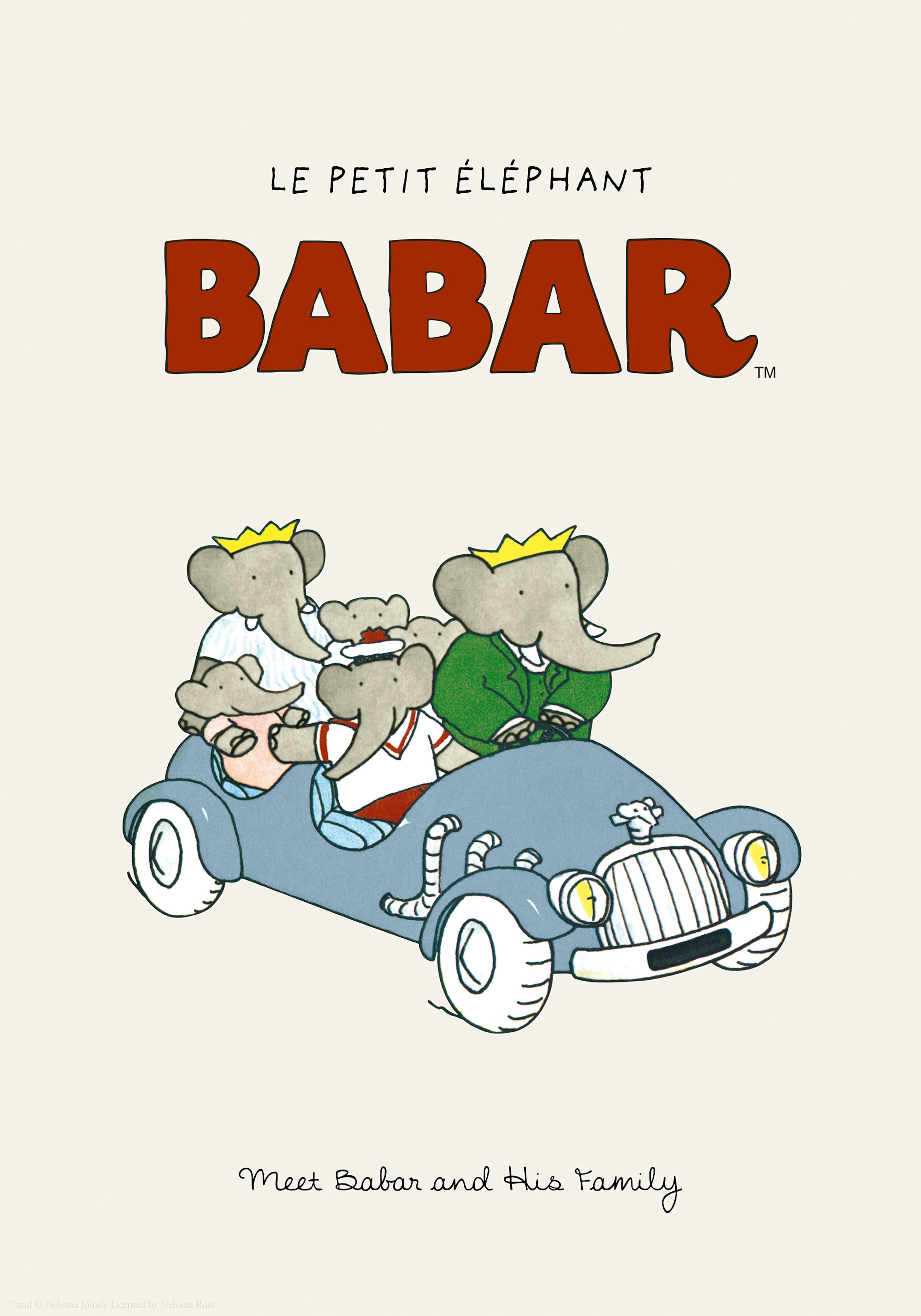 A poster featuring Babar and his family of elephants in a blue car on a light beige background.