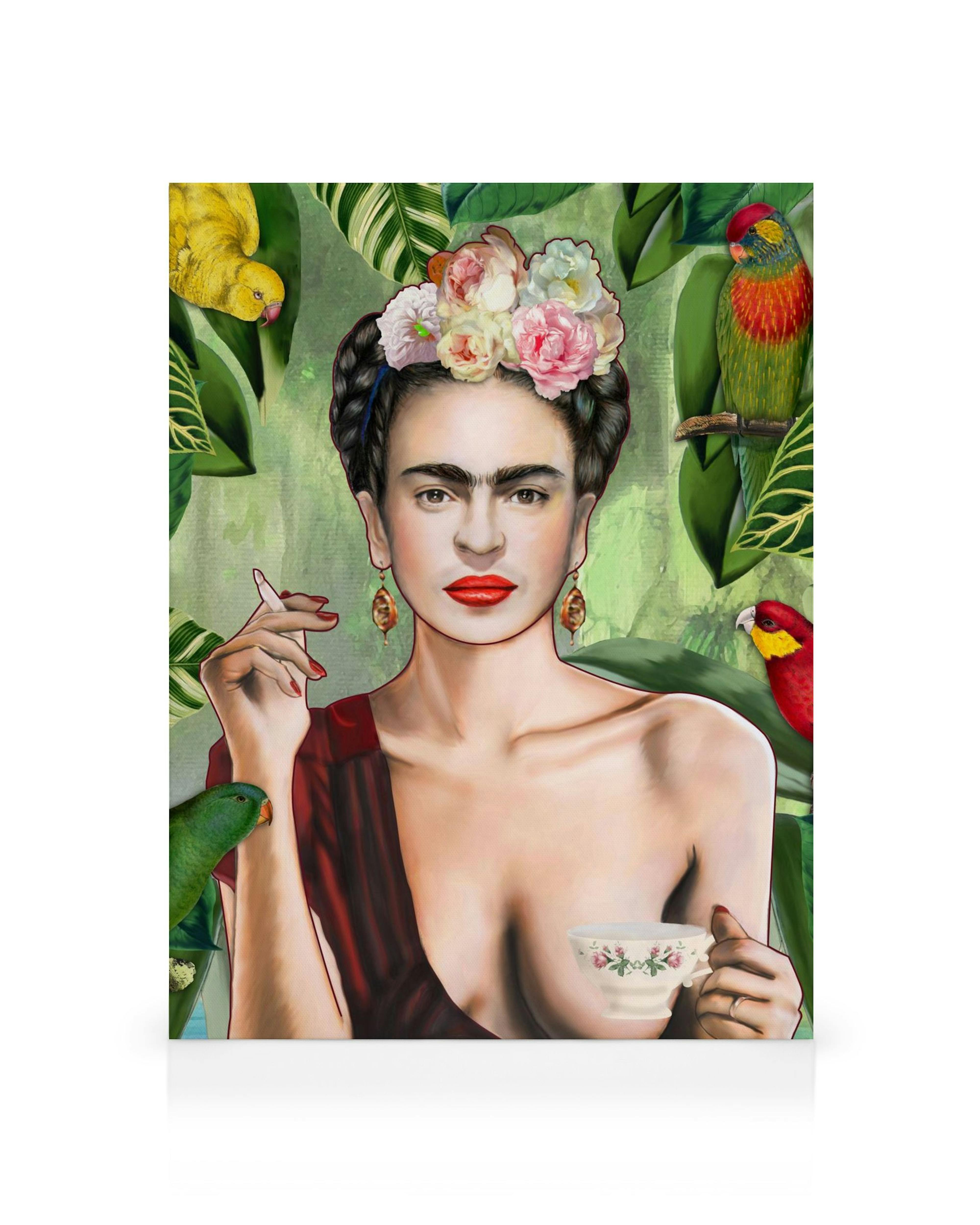 A vibrant canvas featuring Frida Kahlo with a floral headpiece, holding a cigarette and teacup, surrounded by tropical birds and