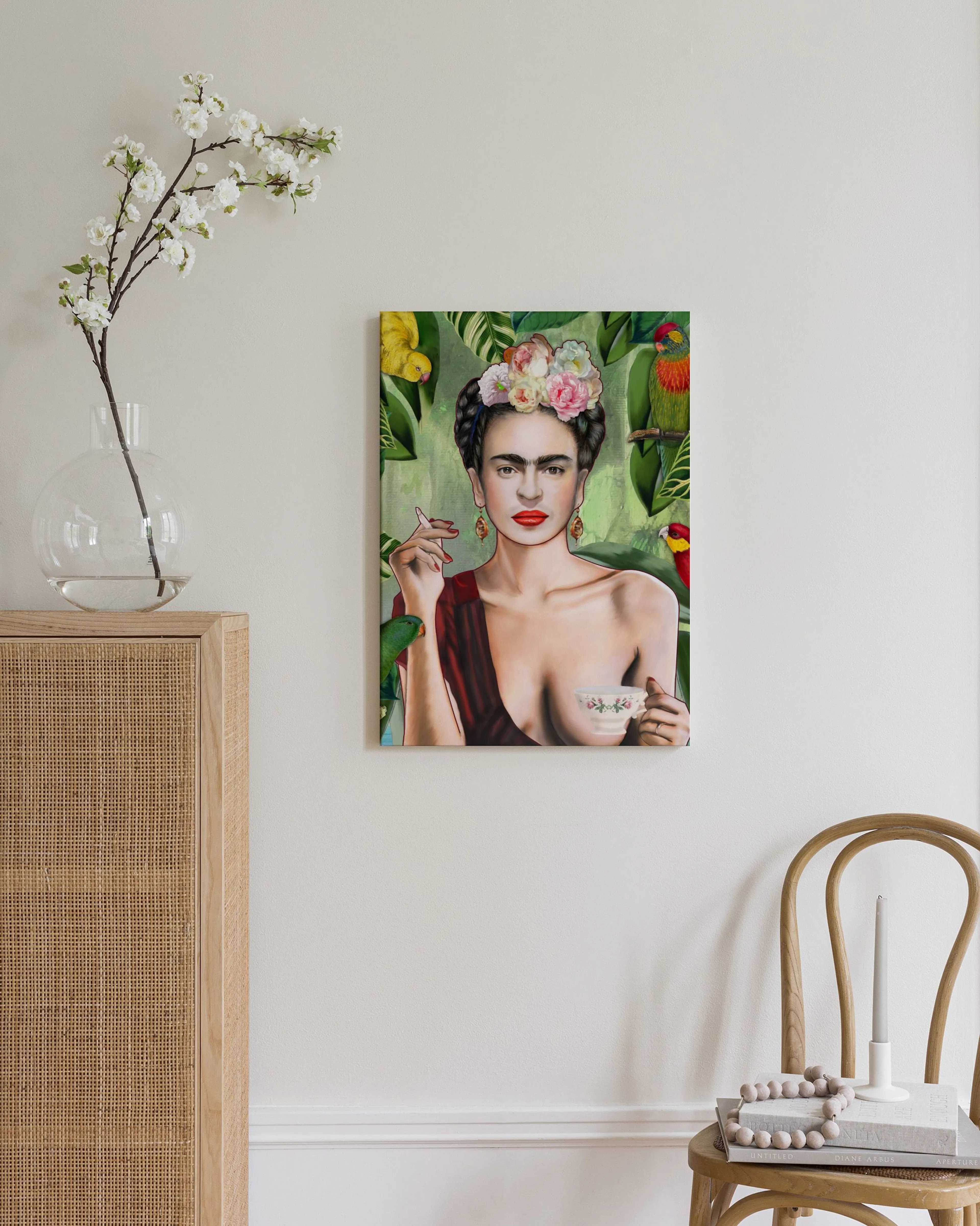 A Frida Kahlo-inspired portrait with a vibrant floral crown and red lipstick, surrounded by lush green foliage and colorful parr