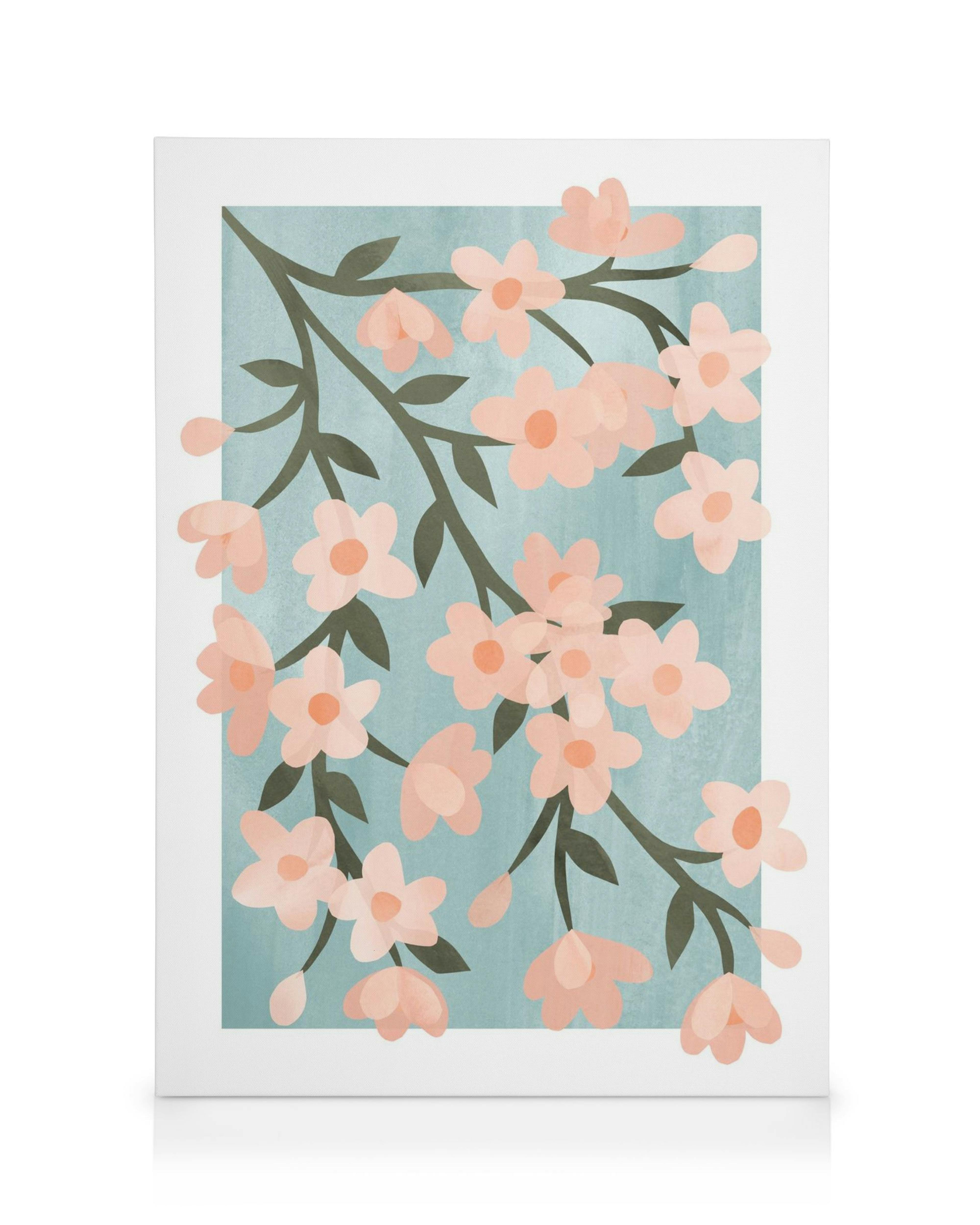 Toile florale avec des fleurs roses et des branches vertes sur un fond bleu-vert clair.