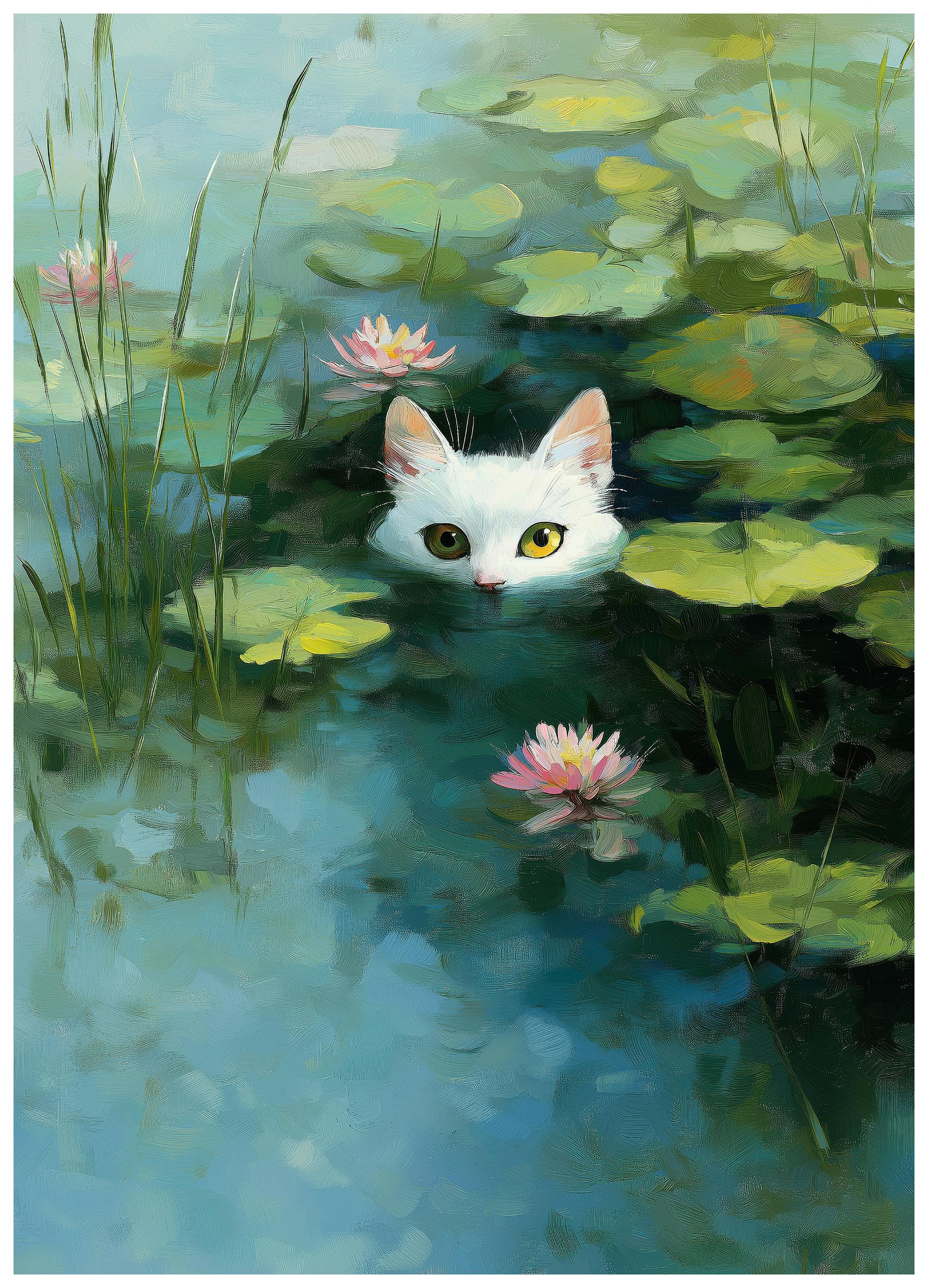 Chat Caché dans Bassin de Nénuphars Poster - Poster Store