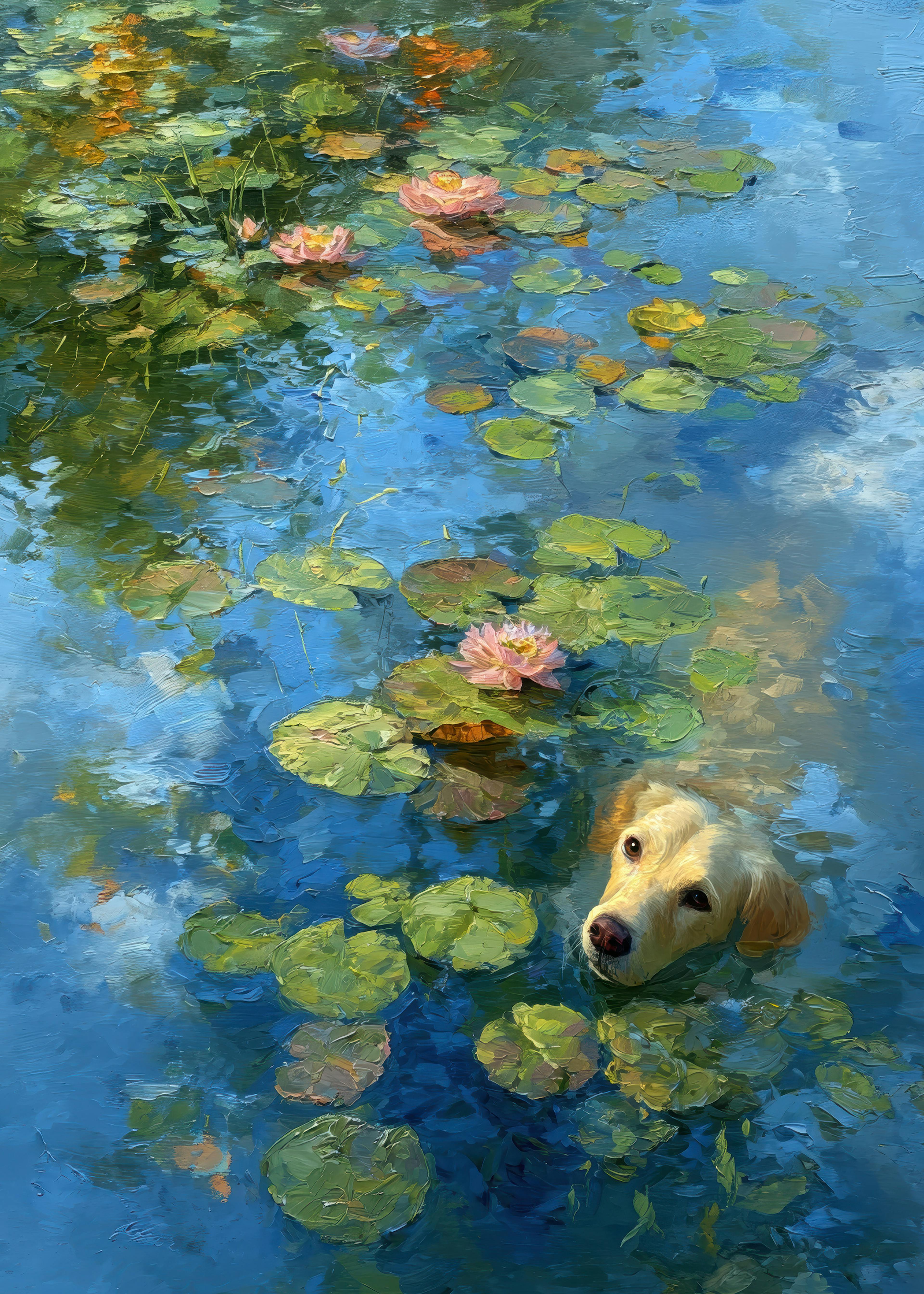 Dog Swimming in Water Lily Pond Poster 0
