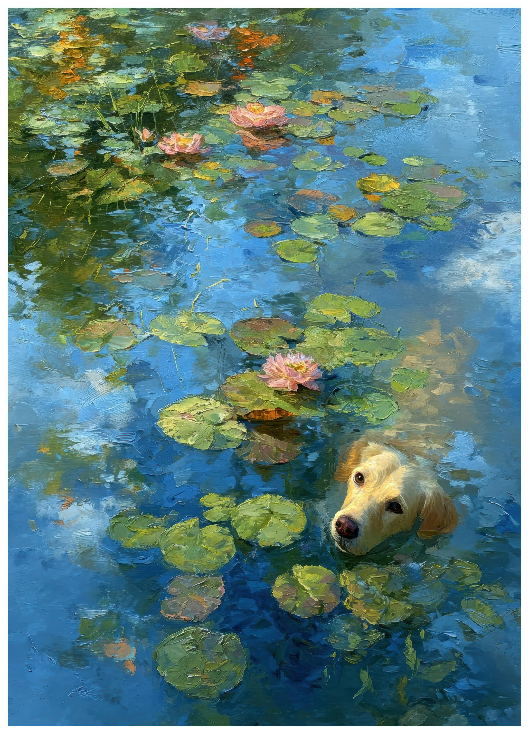 Dog Swimming in Water Lily Pond Poster (30x40 cm) - Poster Store
