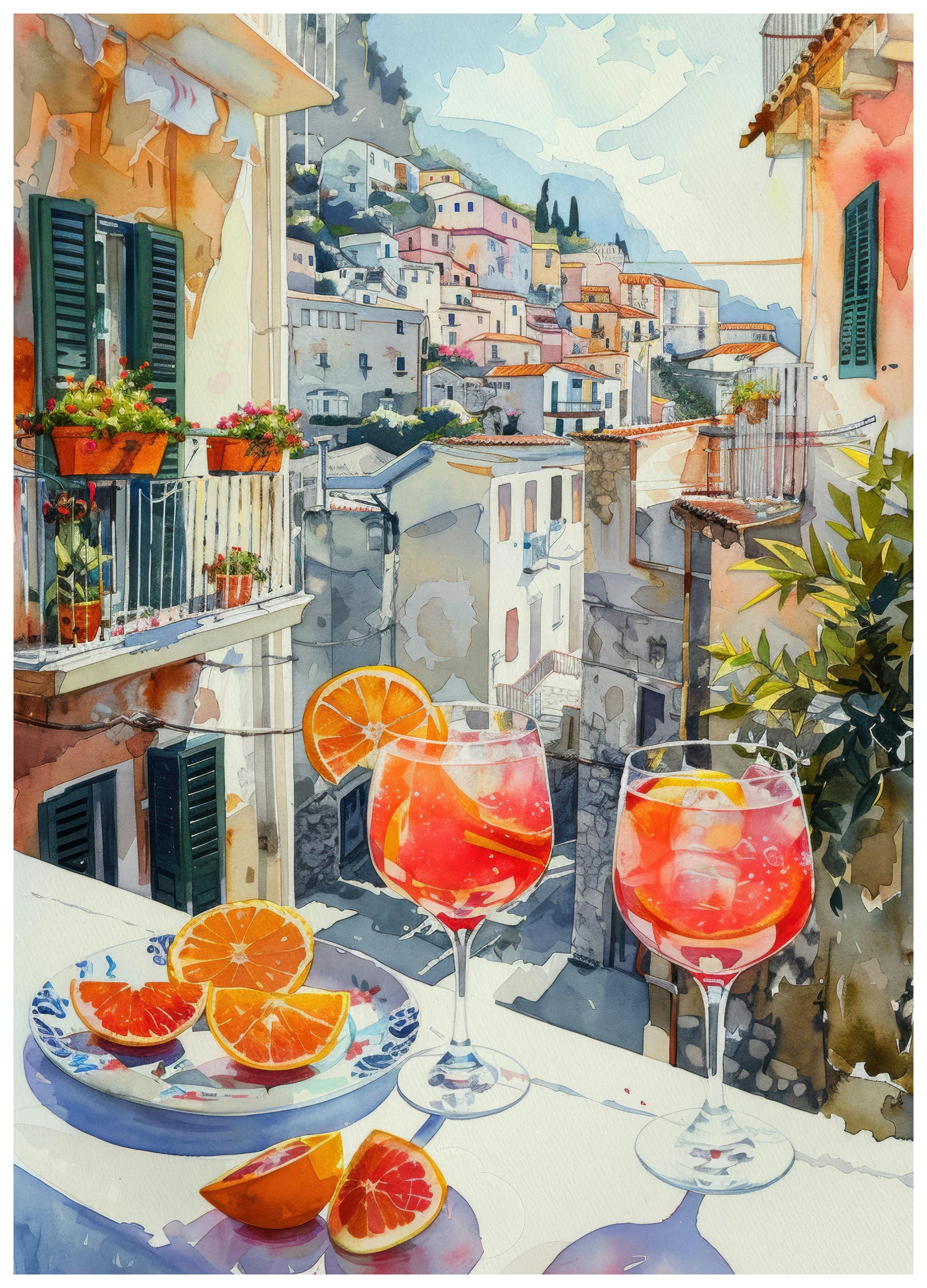 Middelhavet terrasse med orange spritz cocktail plakat (70x100 cm) - Poster Store