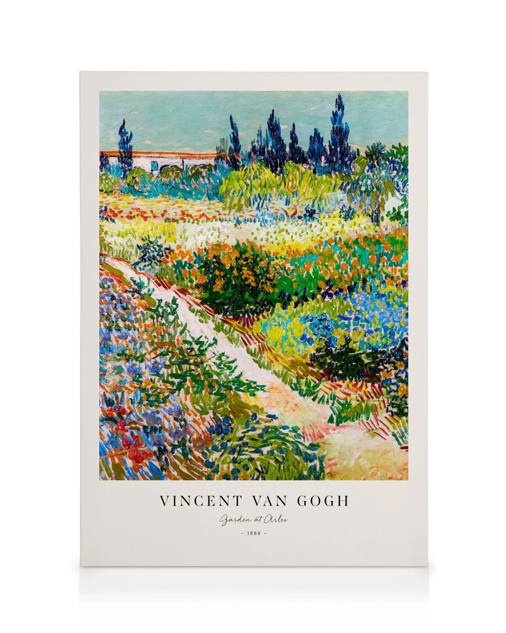 A canvas of Van Goghs Garden at Arles, depicting a vibrant garden path with flowers and trees in impressionistic strokes.