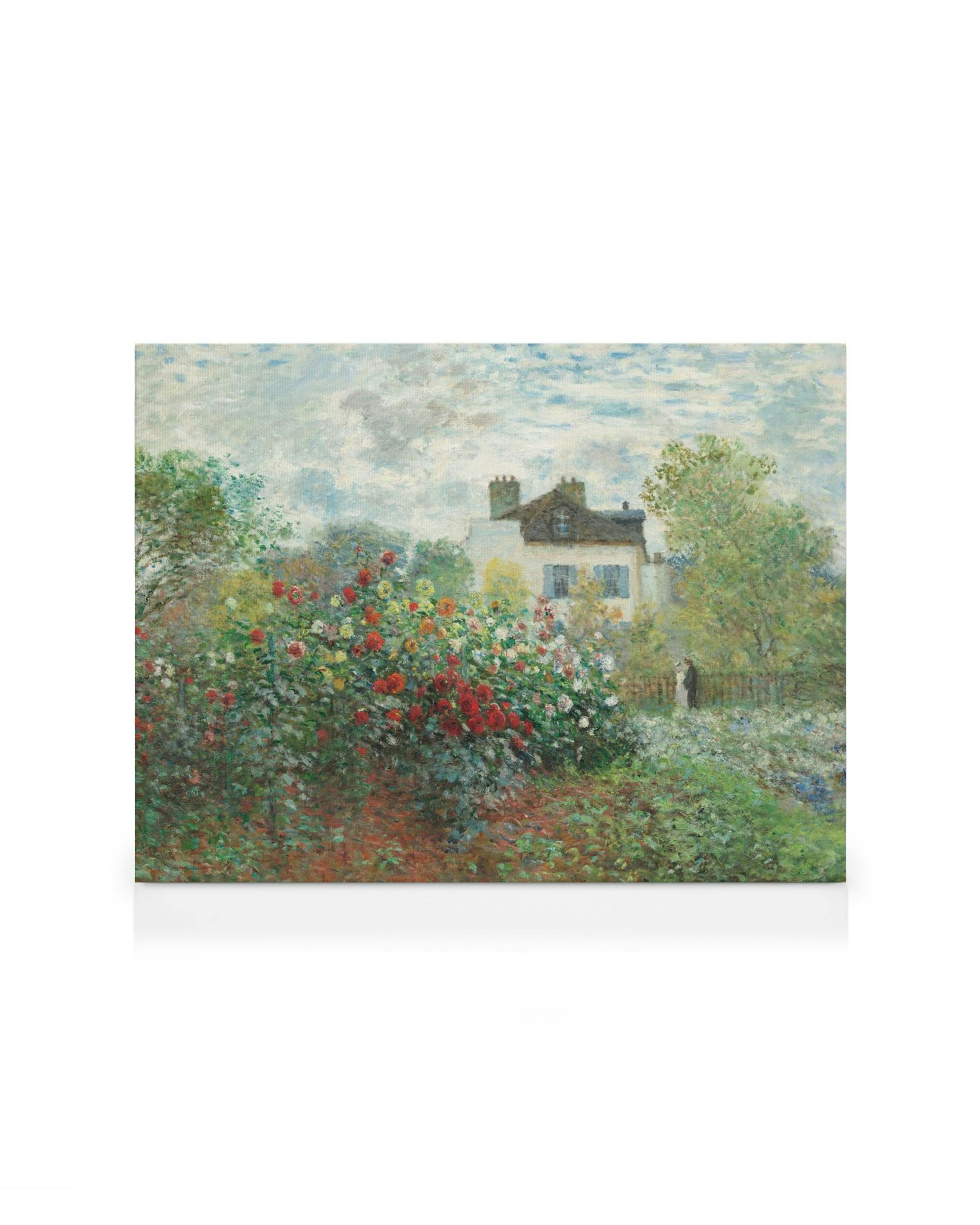 A canvas print featuring a vibrant impressionist garden with red and white flowers and a white house in the background.