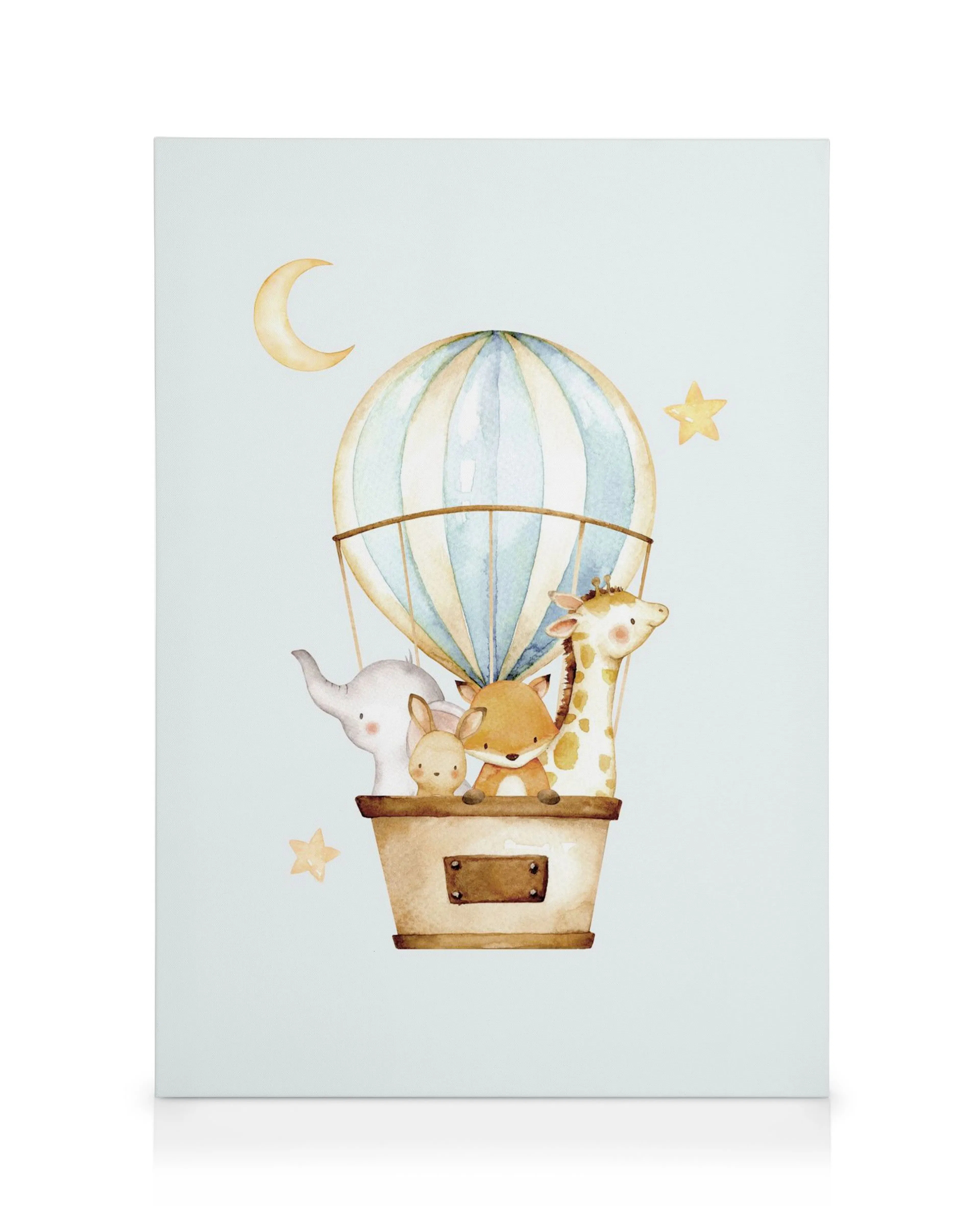 Toile pour enfants avec des animaux mignons (éléphant, lapin, renard, girafe) dans une montgolfière sous la lune et des étoiles.