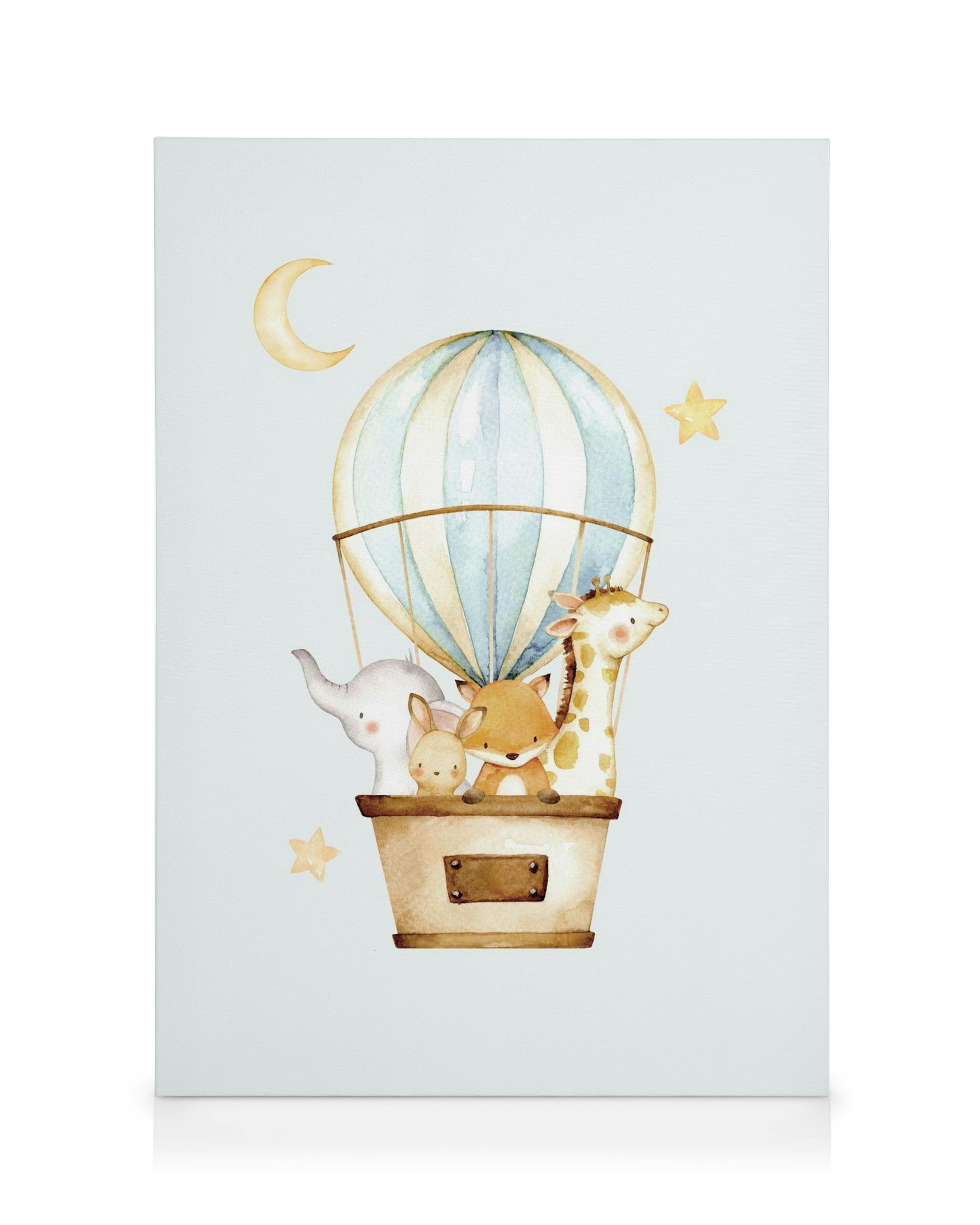 Leinwandbild mit Elefant, Hase, Fuchs und Giraffe in einem Heißluftballon vor hellblauem Hintergrund mit Mond und Sternen.