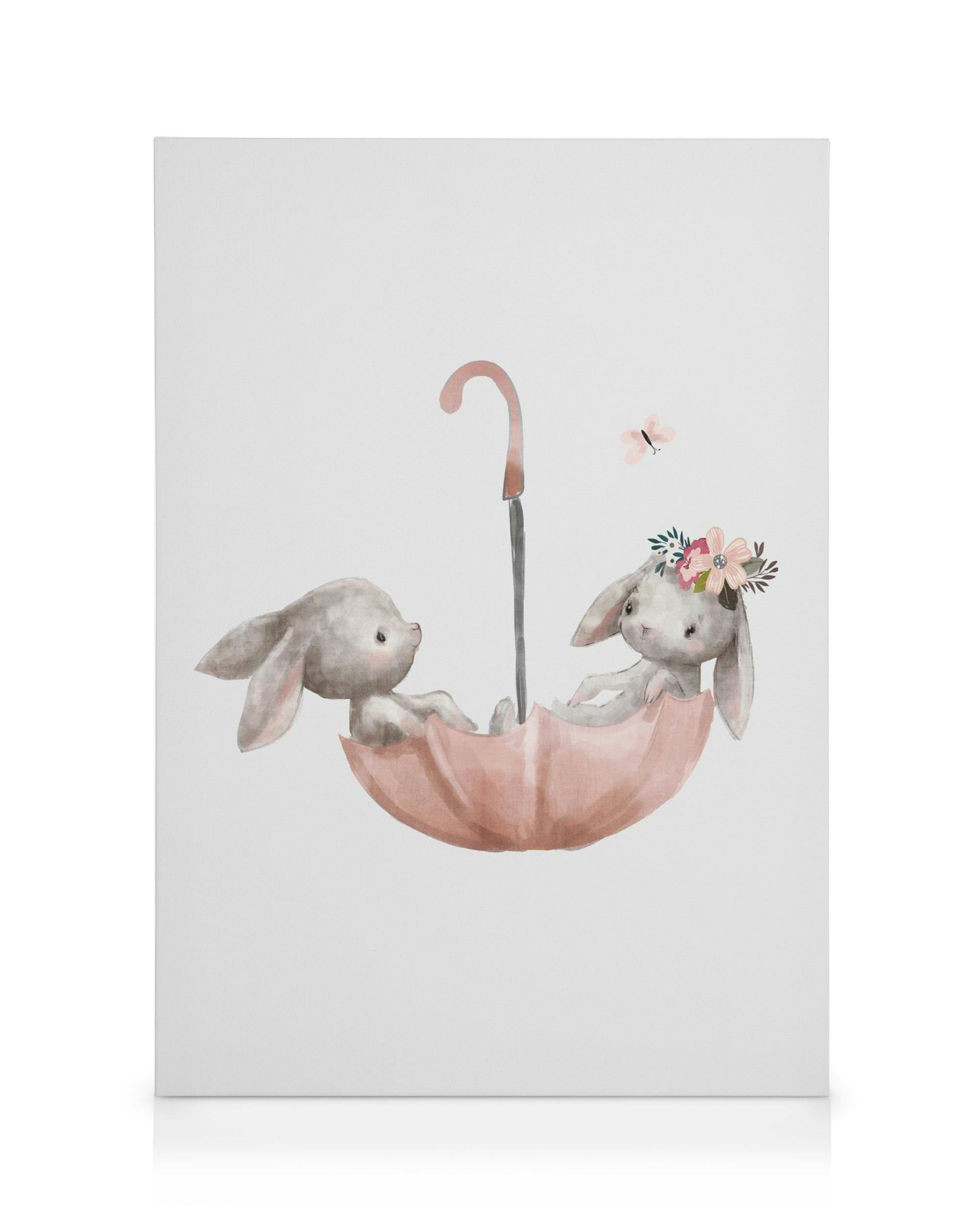 Bunnies Umbrella Leinwand (50x70 cm - Holzrahmen schwarz) - Poster Store