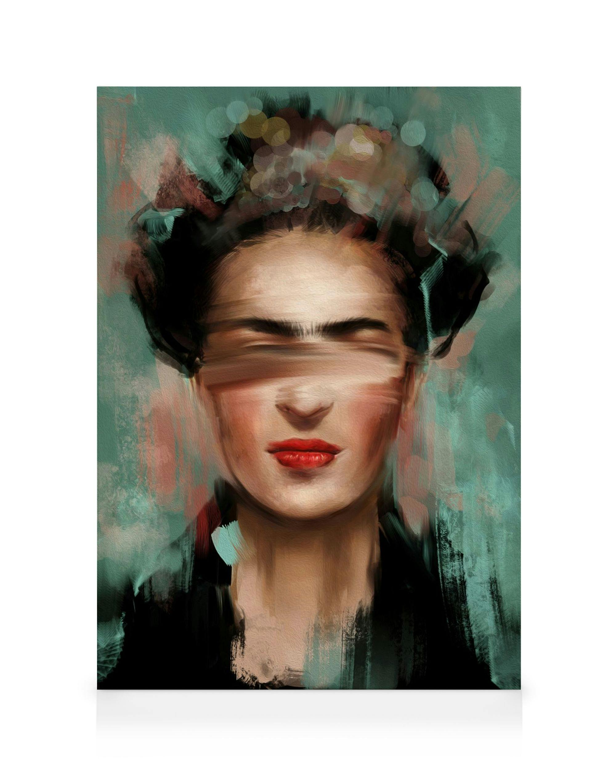 Stampa su tela che raffigura il volto di Frida Kahlo con una benda sugli occhi e labbra rosse, su sfondo verde acqua.
