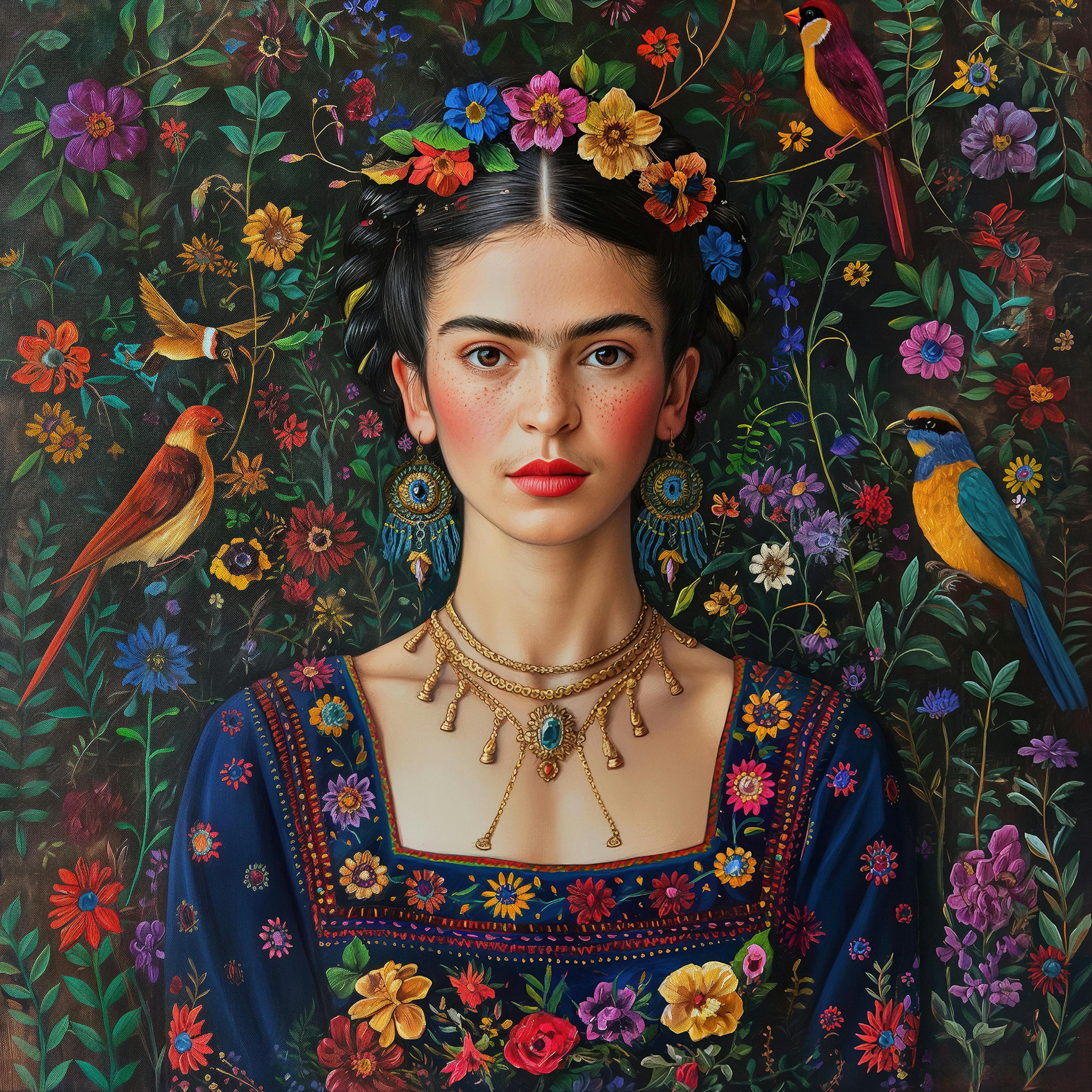 Frida Kahlo With Flowers and Birds No1 Poster 0