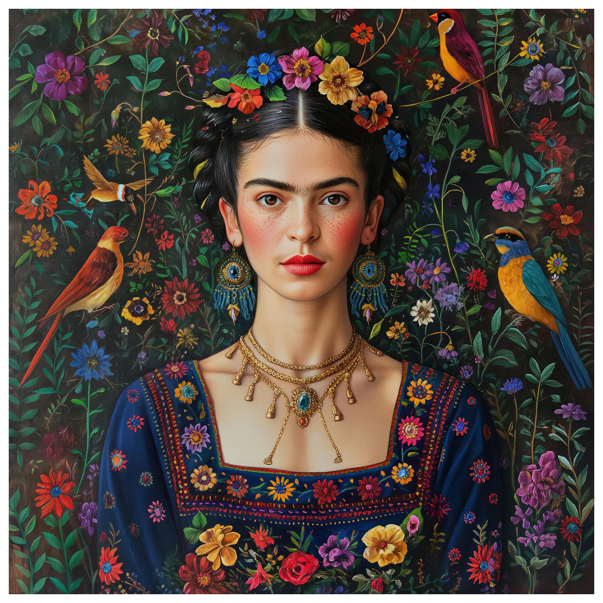 Frida Kahlo met Bloemen en Vogels No1 Poster (50x50 cm) - Poster Store