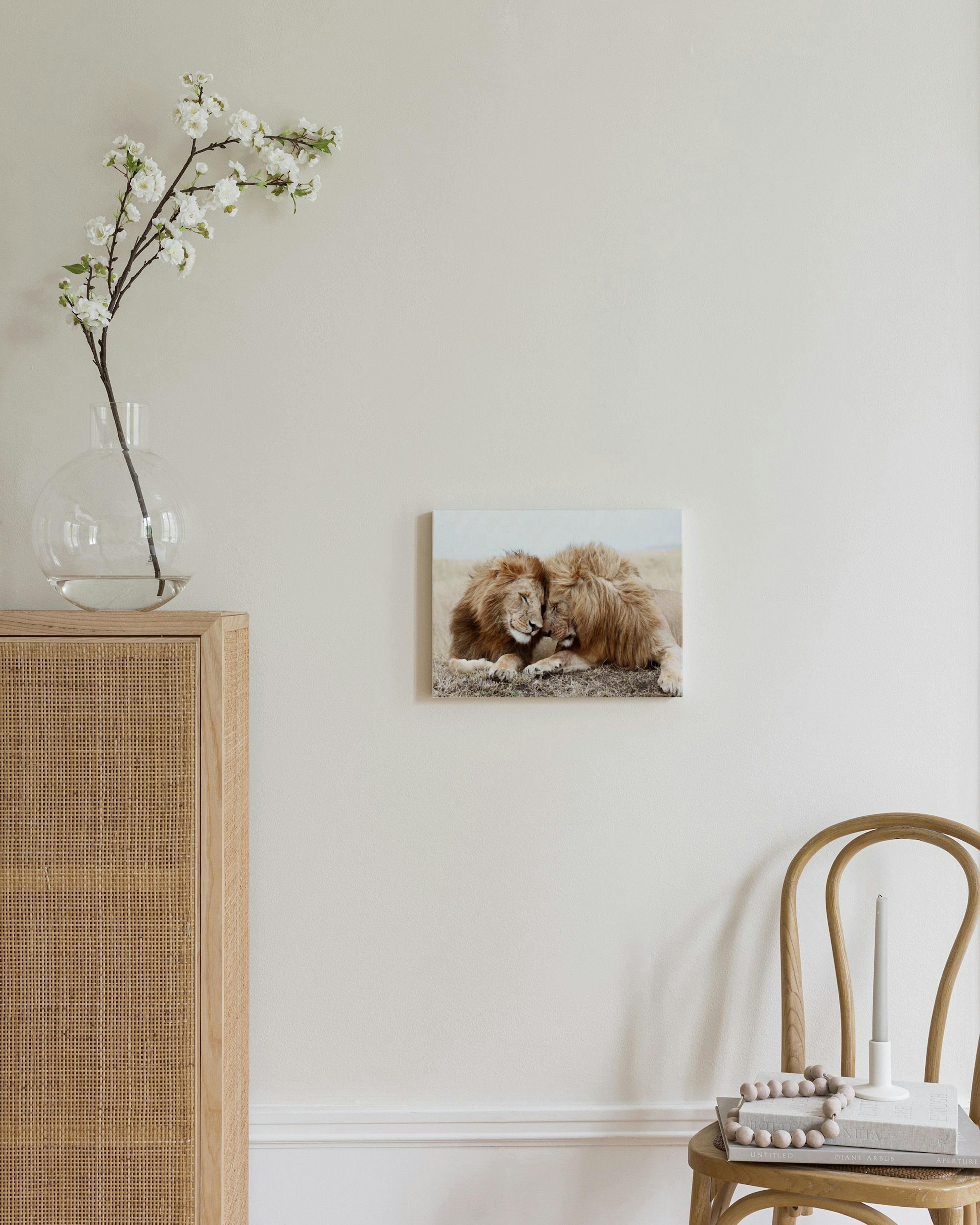 Leinwandbild mit zwei Löwen in Zuneigung, hängend über einem weissen Hocker mit Buch in einem Wohnzimmer.