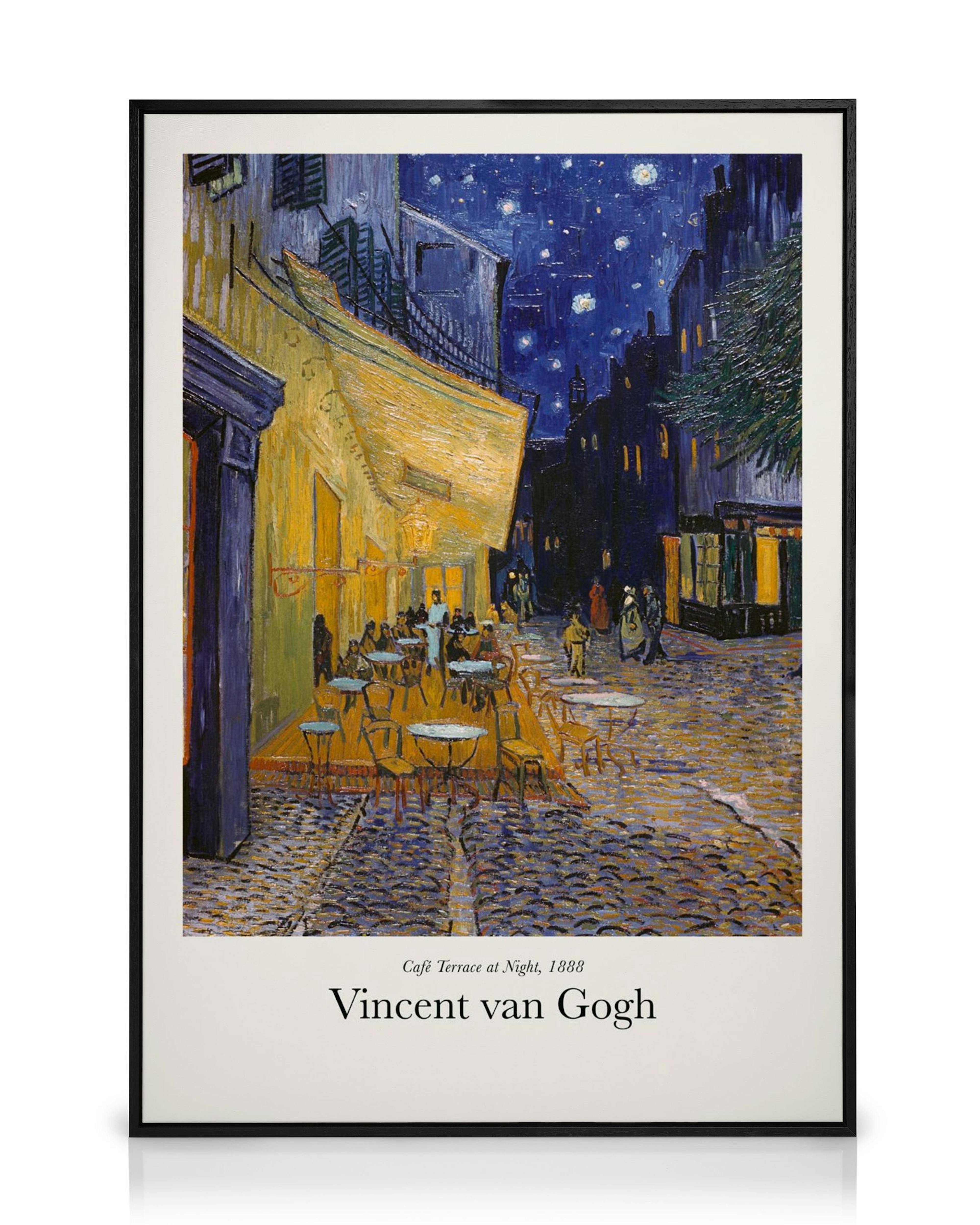 Éjszakai kávézó teraszát ábrázoló Vincent van Gogh festmény canvas, csillagos éggel és sárga fényekkel.