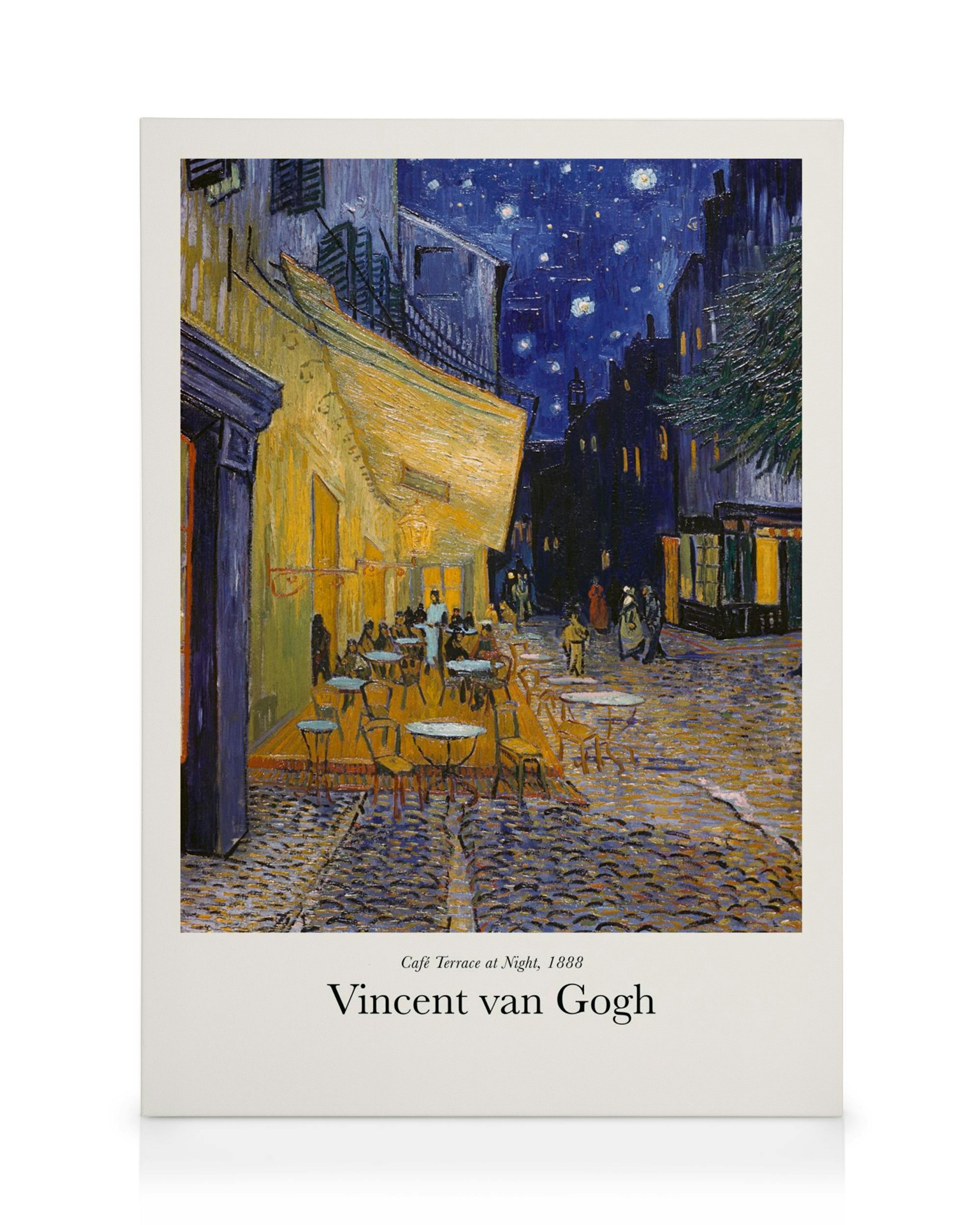 Lienzo del Café Terrace at Night de Van Gogh, con la terraza iluminada de un café y un cielo nocturno estrellado.