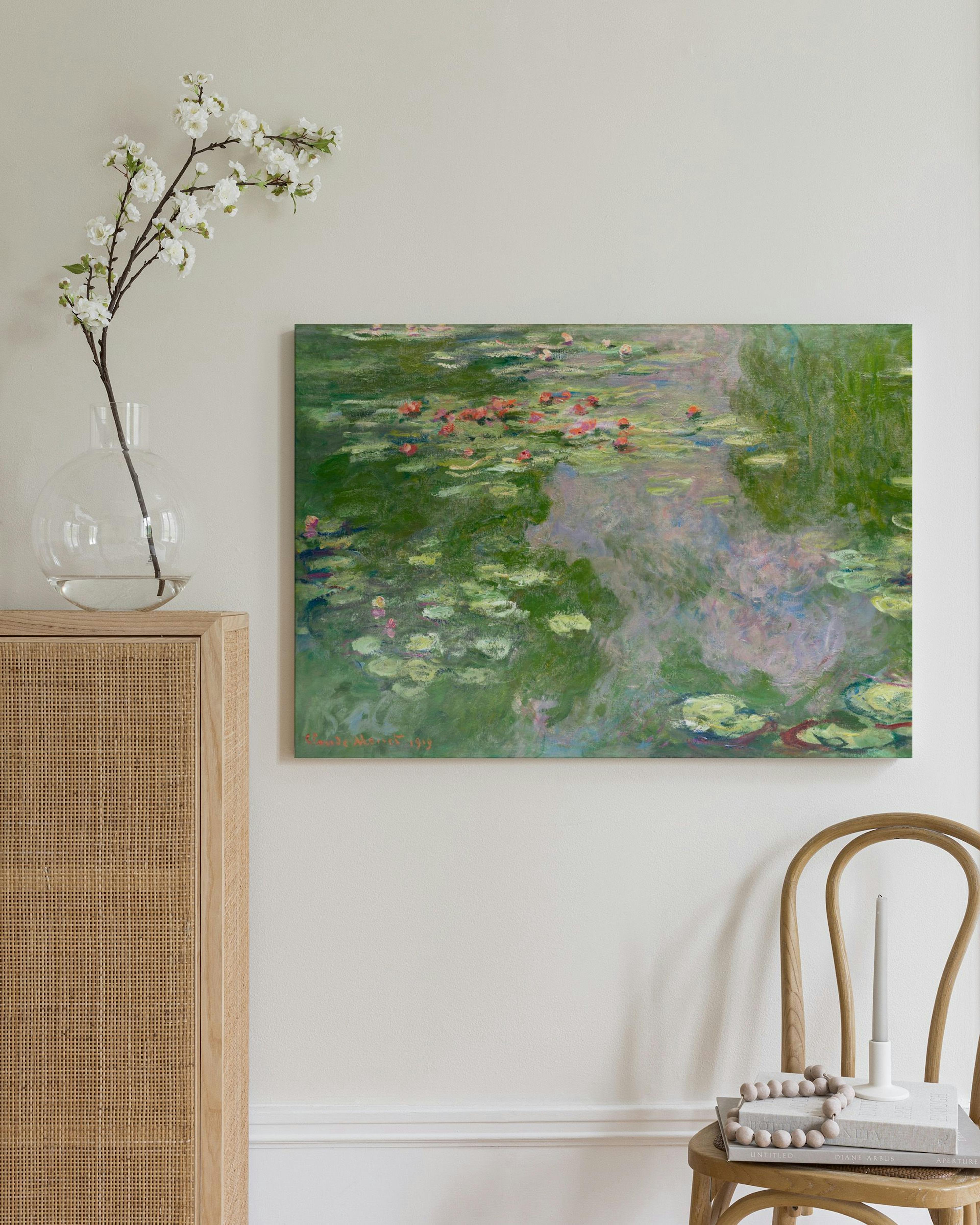 Impressionist canvas of a pond with green lily pads and pink water lilies, reflecting soft purple and green light.