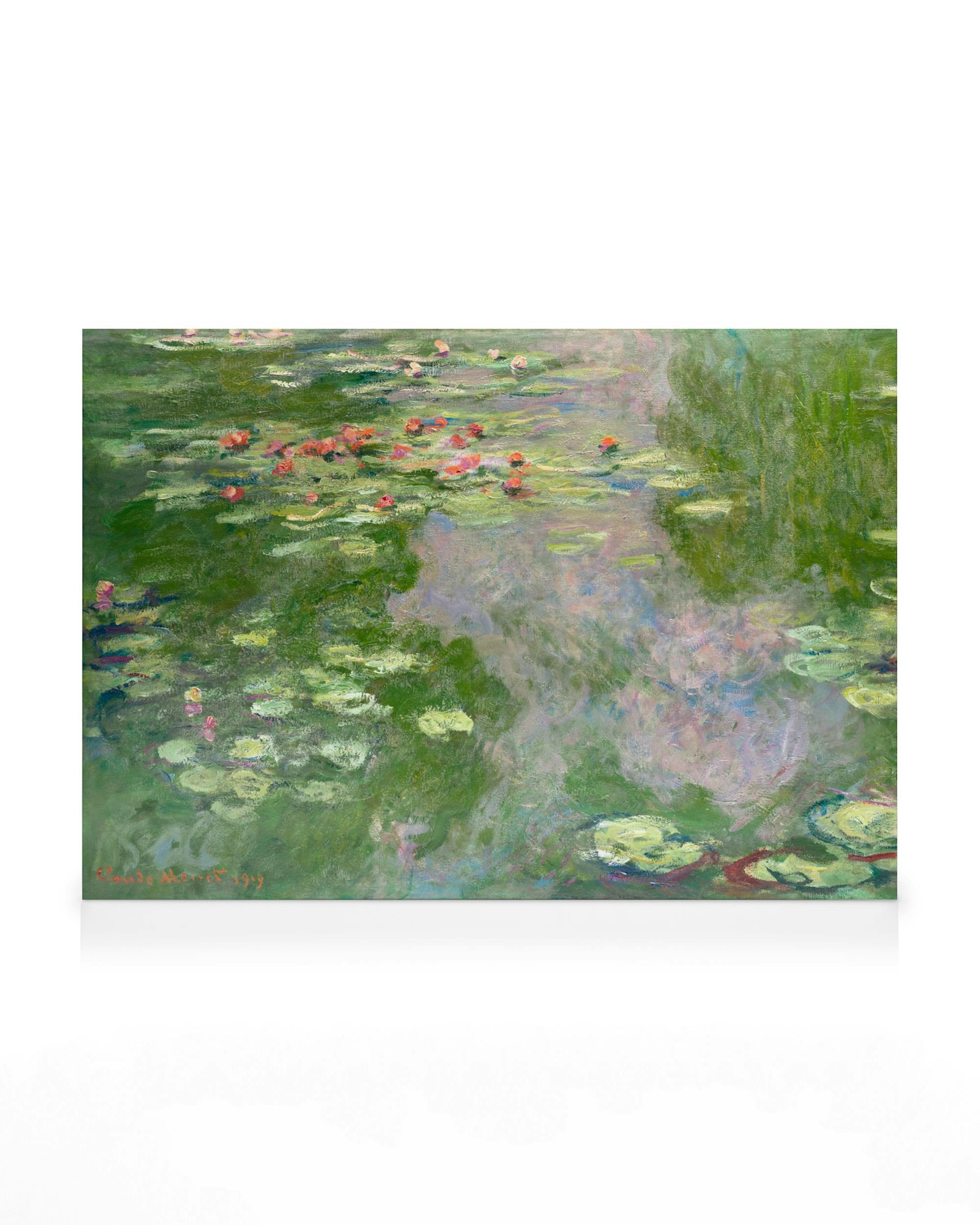 A canvas featuring Claude Monets impressionist painting of green water lilies with pink blossoms and reflections.