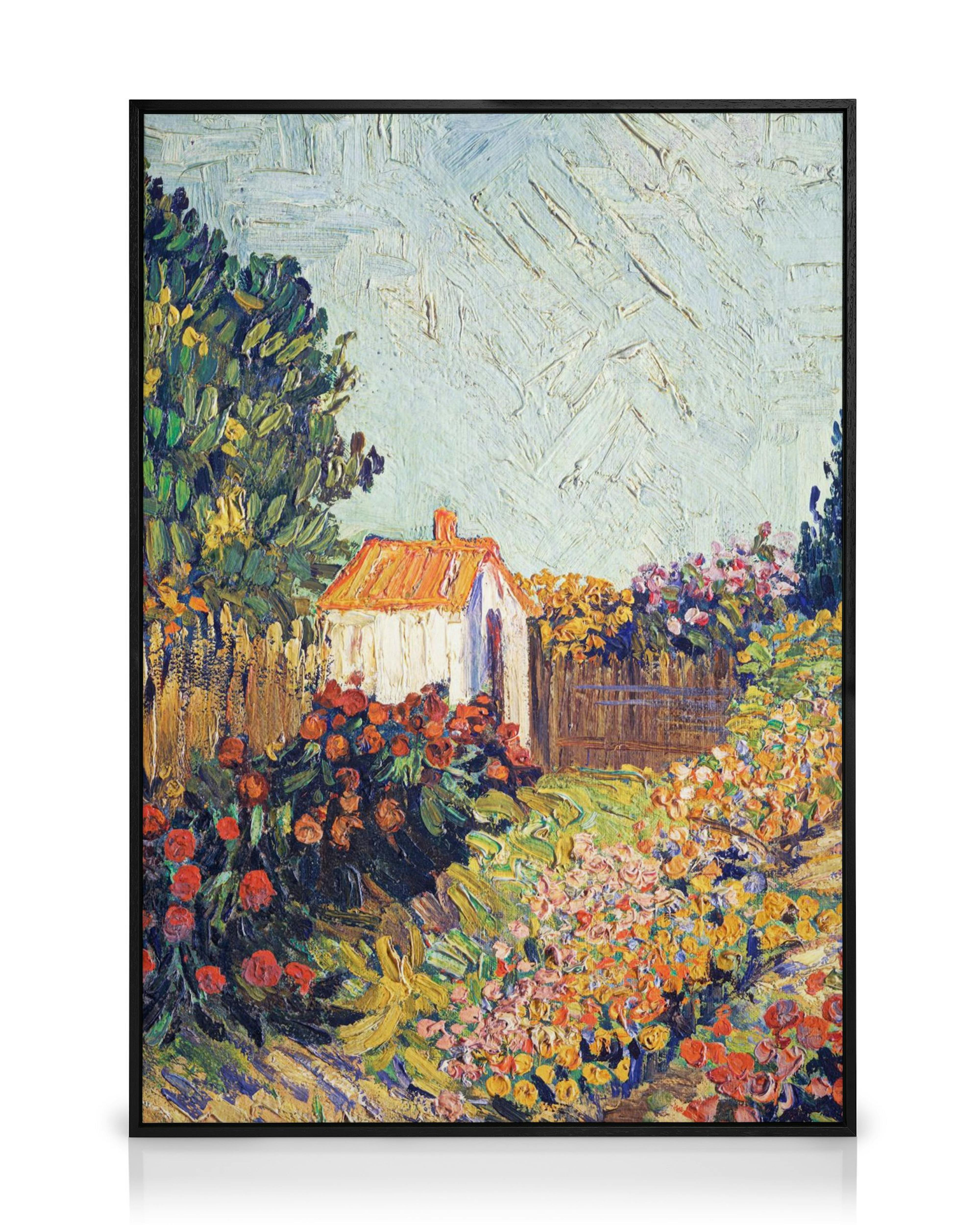 A vibrant impressionistic canvas depicting a garden with a white shed and colorful flowers under a textured sky.