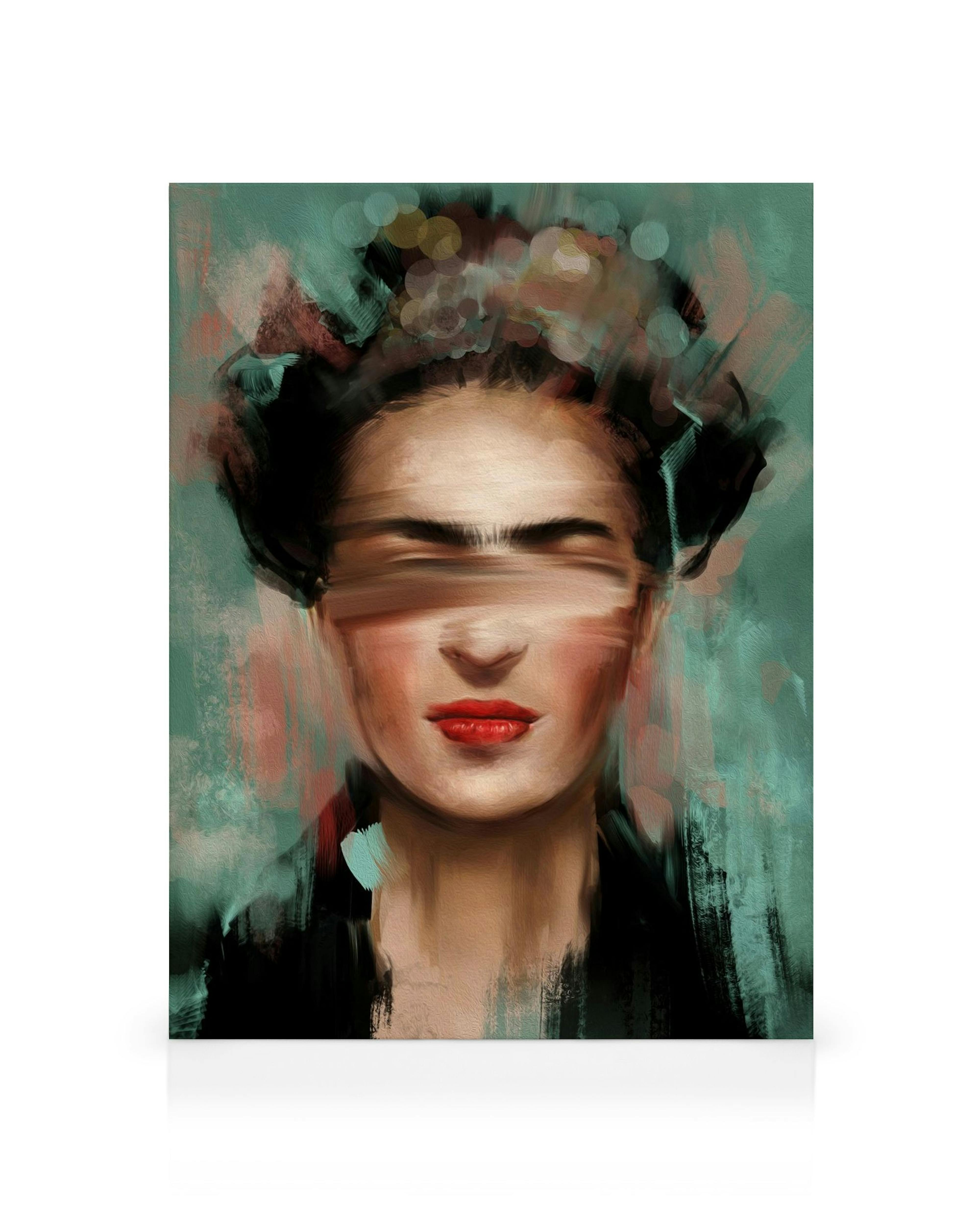 Een canvas met een artistiek portret van Frida Kahlo, met gesloten ogen en rode lippen, in een mix van groen en roze tinten.