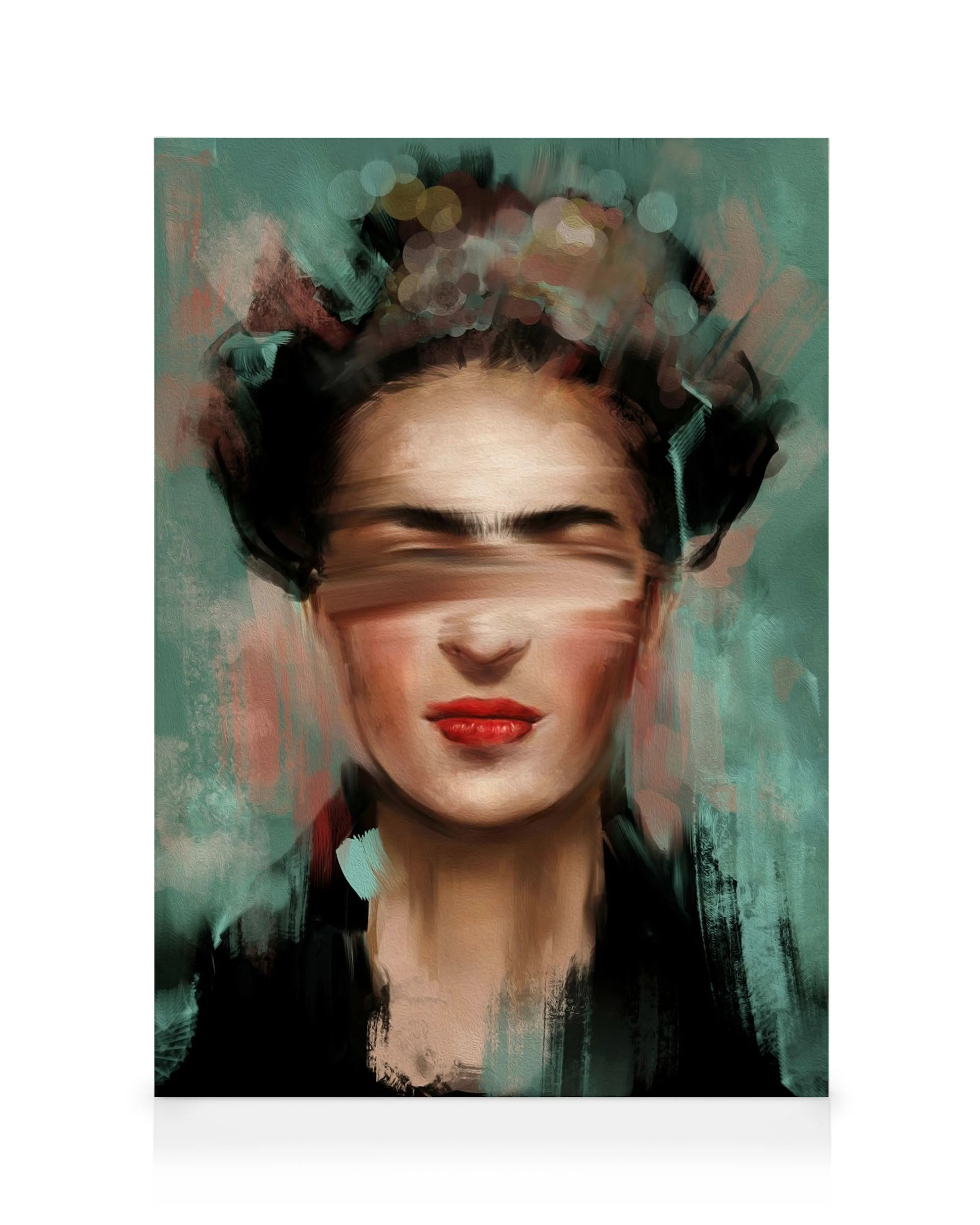 En canvastavla med ett målat porträtt av Frida Kahlo med ögonen täckta av ett streck. Teal och rosa penseldrag.